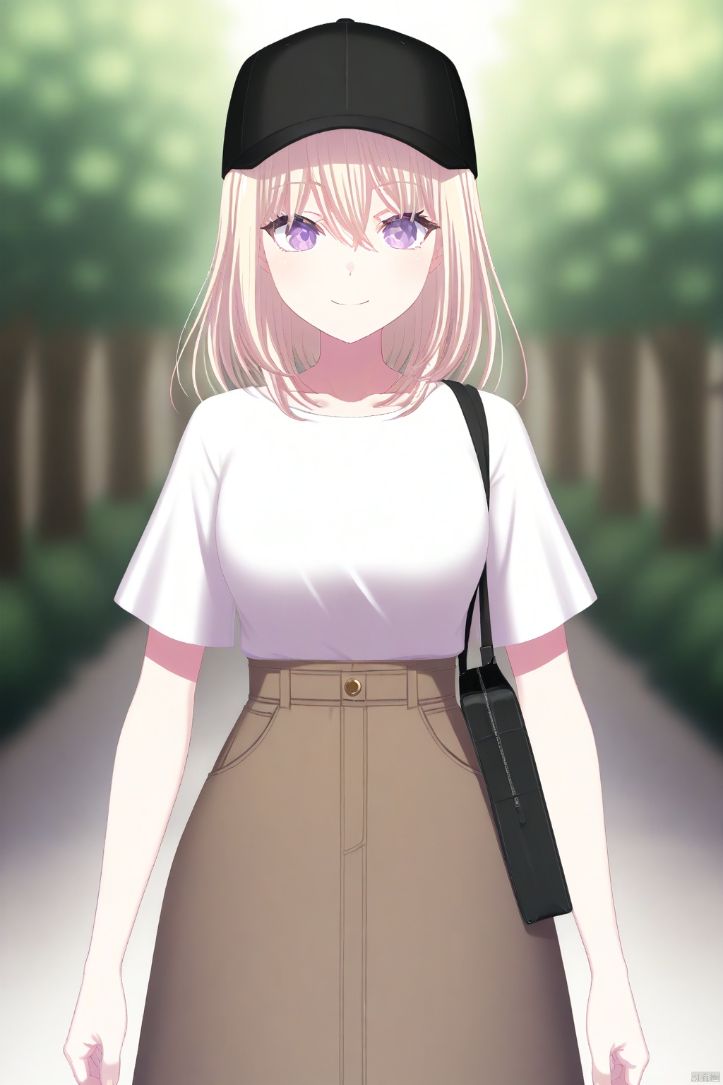 Misumi Uika,blonde hair bangs,purple eyes,smile,medium hair,hair between eyes
skirt,shirt,hat,white shirt,short sleeves,shoes,socks,black footwear,black headwear,white socks,casual,sneakers,baseball cap,long skirt,brown skirt,shirt tucked in,medium skirt