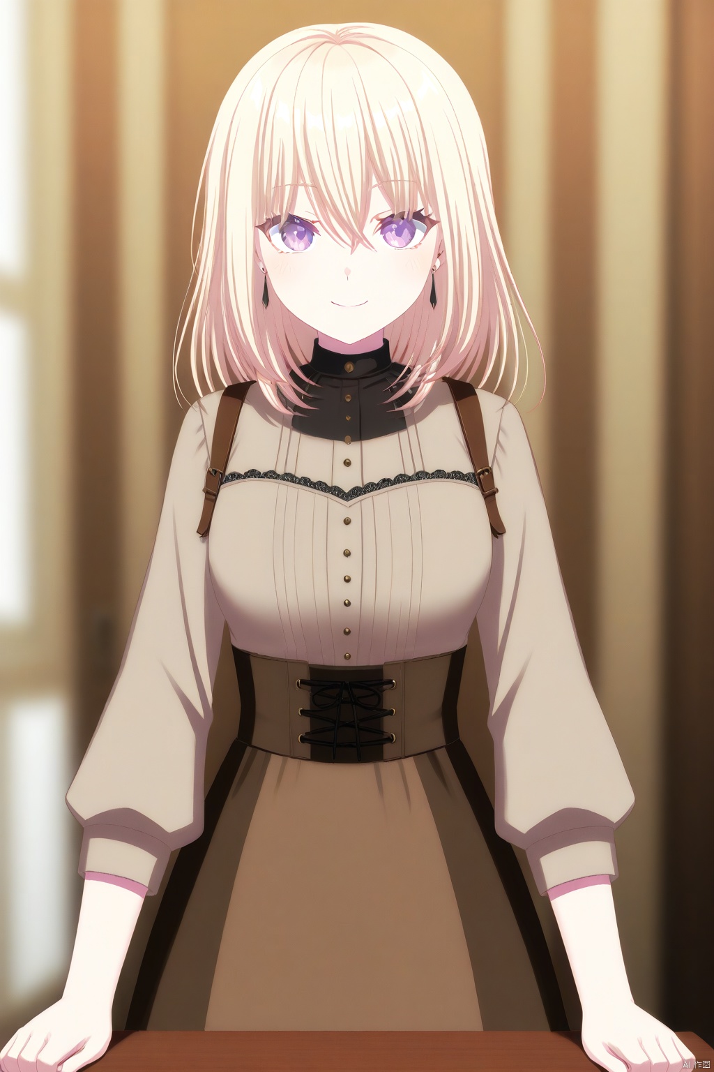 Misumi Uika,blonde hair bangs,purple eyes,smile,medium hair,hair between eyes