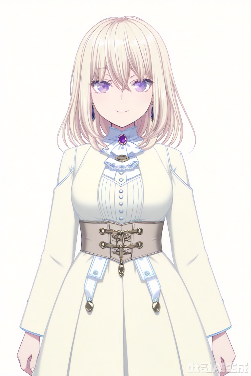 masterpiece, best quality,solo,((white background:1.2)),simple background,
looking at viewer,Misumi Uika,blonde hair bangs,purple eyes,smile,medium hair,hair between eyes