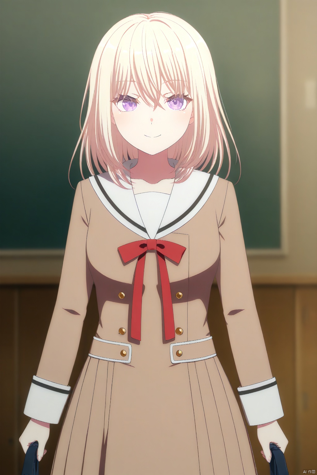Misumi Uika,blonde hair bangs,purple eyes,smile,medium hair,hair between eyes
sailor dress, double-breasted, brown dress, hanasakigawa school uniform