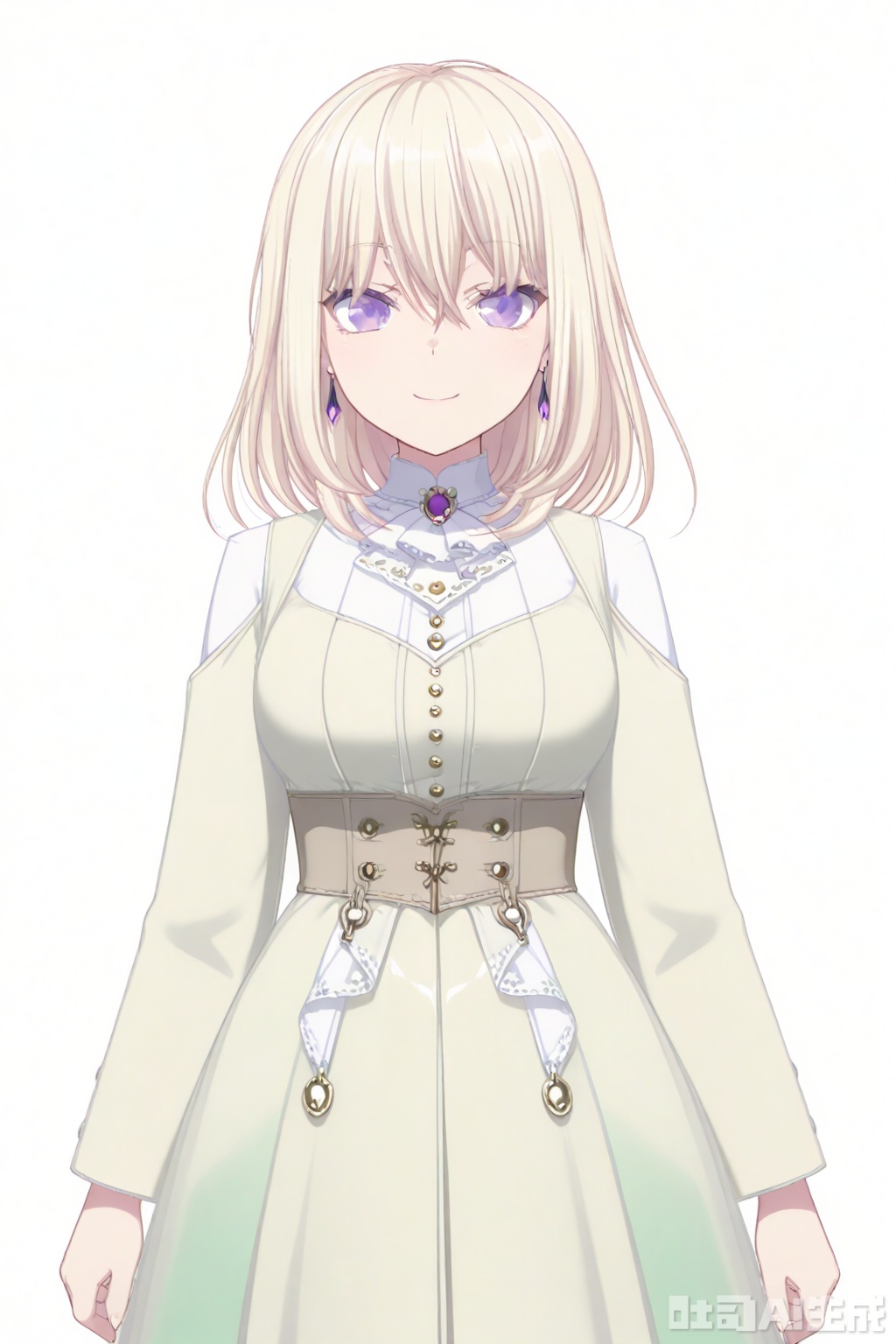 masterpiece, best quality,solo,((white background:1.2)),simple background,
looking at viewer,Misumi Uika,blonde hair bangs,purple eyes,smile,medium hair,hair between eyes
