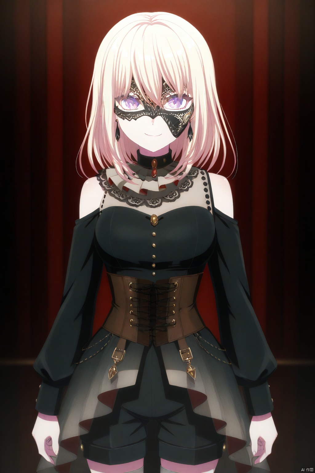 Misumi Uika,blonde hair bangs,purple eyes,smile,medium hair,hair between eyes
long sleeves, black shorts, black dress, dress,grey socks,kneehighs,black high heels, off shoulders, black pants, corset, choker, ascot,gold_trim, black earrings, jewelry,black_mask,