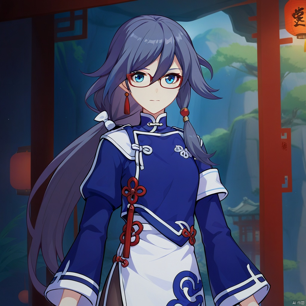 fu_hua,fu_hua cgver,bangs,
Valkyrie Accipiter,hair between eyes,blue eyes,grey hair, blue hair, long hair,low-tied long hair, long sleeves, blue jacket, jacket, glasses, chinese clothes,red_framed_eyewear