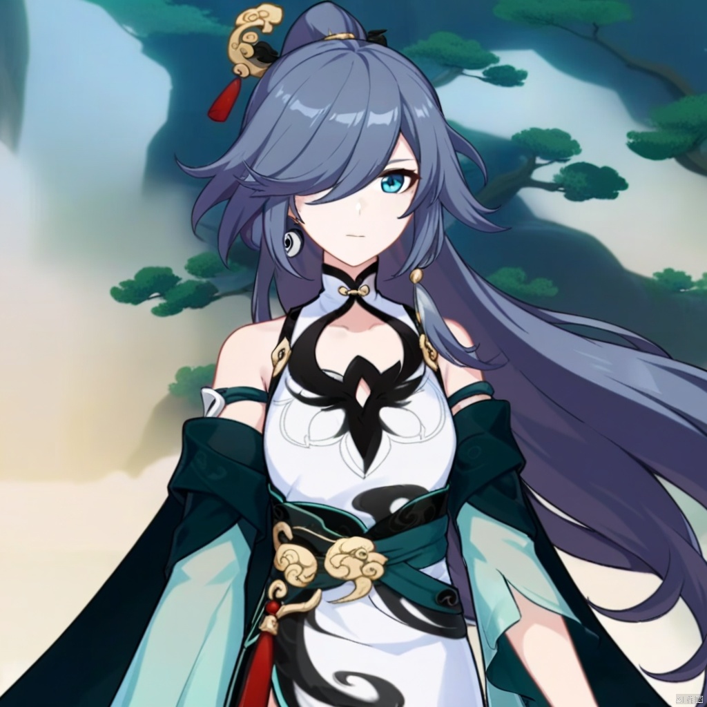 fu_hua,fu_hua cgver,bangs,
 Azure Empyrea,hair ornament, ponytail, blue eyes, hair over one eye, jewelry, earrings, long sleeves, dress, bare shoulders,white dress, chinese clothes,china dress,green sleeves