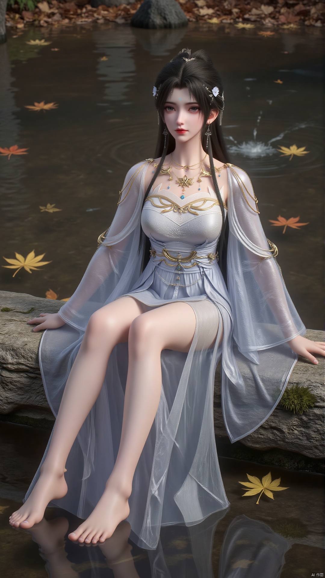 A girl sitting on a stone
full-body picture
Black hair
Big chest
Stream
solo
Long hair
Hair accessories
Necklace
Wide sleeves
White dress
Jewellery
whole body
Earrings
Bare feet. Show your legs
Long legs 
Tall guy
Exquisite embroidery on the clothing
Shoot from different angles
The stone. moss Clear water. Maple tree. fallen leaves. maple leaves. Leaves floating on the water surface. Leaves on the ground.
Realistic. Realism. 8K. Ultra clear. Ultra wide angle. Natural light.