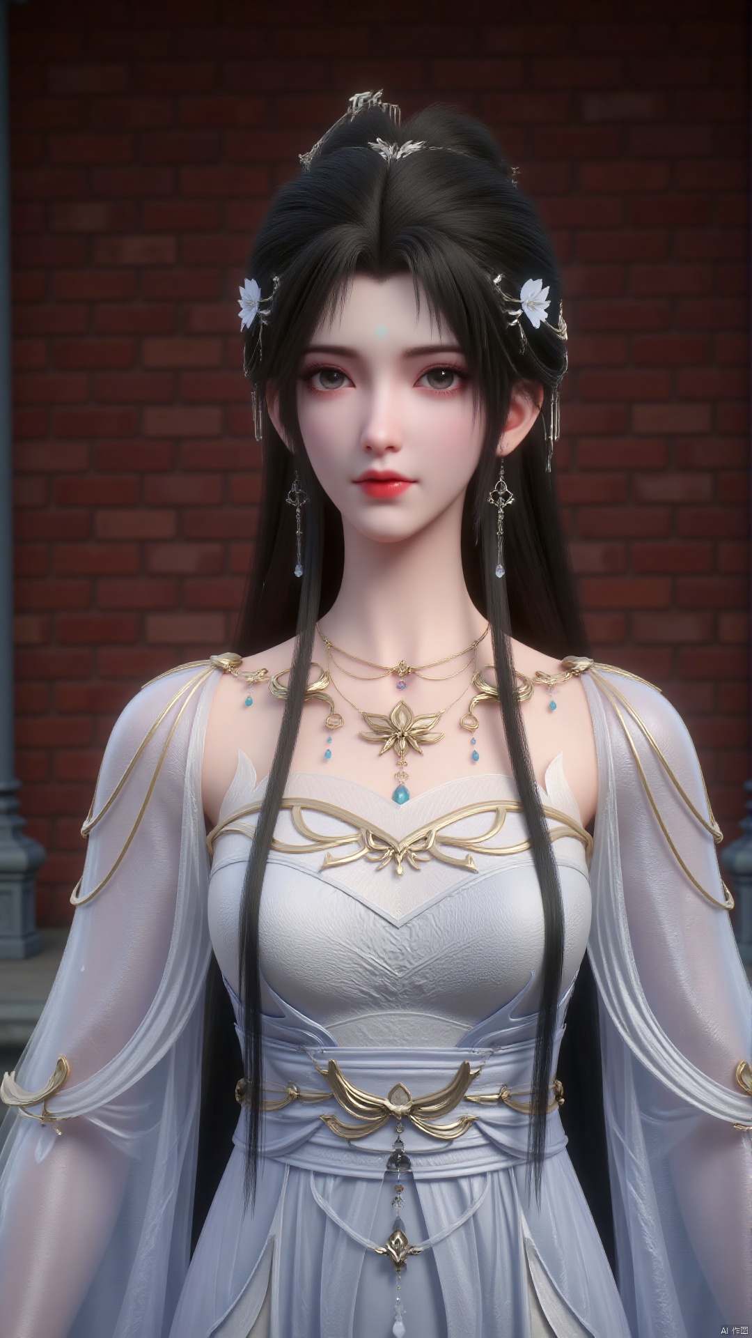 1 girl
This is a close-up photo of the upper body
Black hair
Big chest
Stream
solo
Long hair
Hair accessories
Necklace
Wide sleeves
White dress
Jewellery
Earrings
Exquisite embroidery on the clothing
The background is a brick wall
Realistic. Realism. 32K. Ultra clear. Ultra wide angle. Natural light.