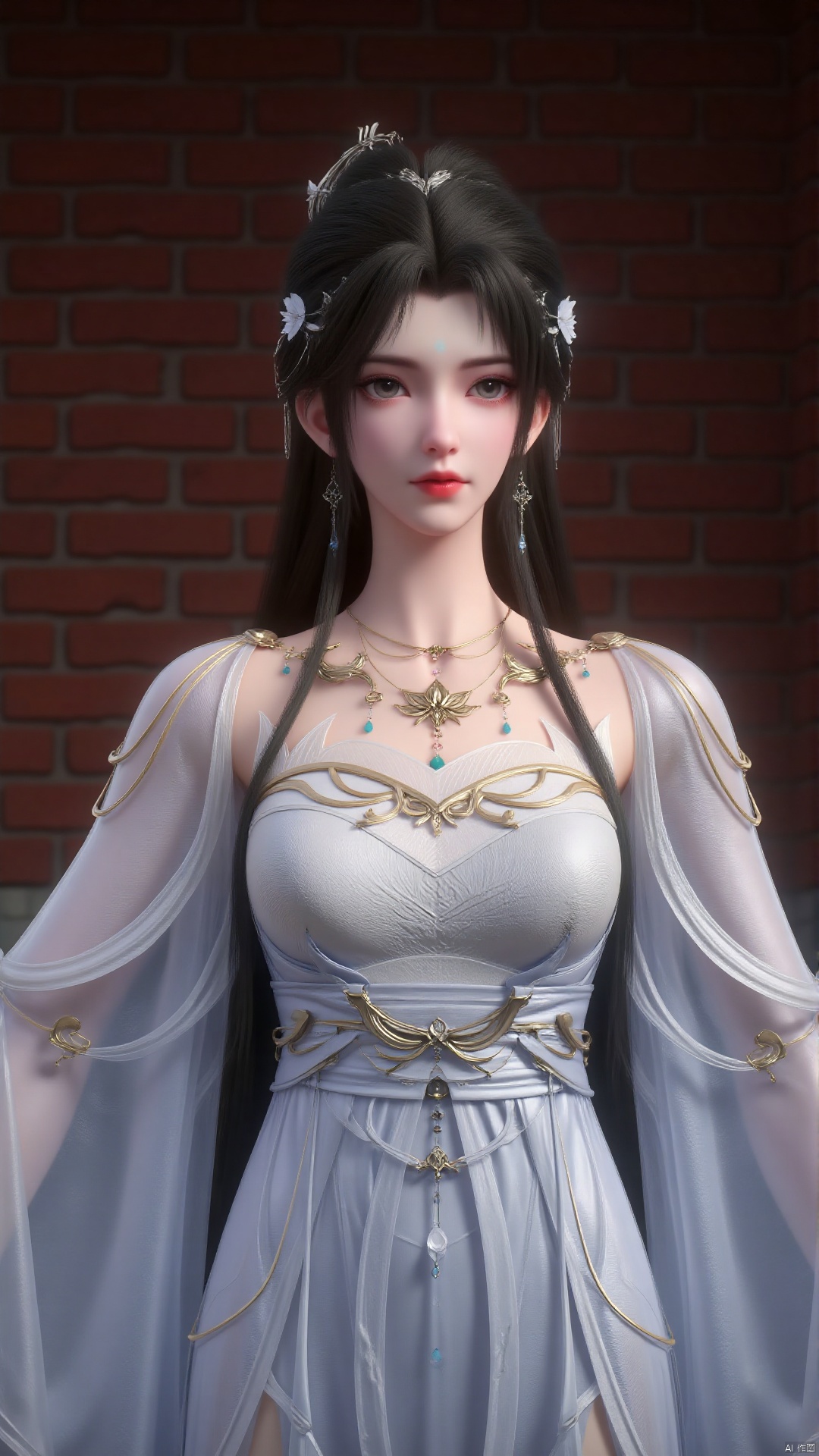 1 girl
This is a close-up photo of the upper body
Black hair
Big chest
Stream
solo
Long hair
Hair accessories
Necklace
Wide sleeves
White dress
Jewellery
Earrings
Exquisite embroidery on the clothing
The background is a brick wall
Realistic. Realism. 32K. Ultra clear. Ultra wide angle. Natural light.