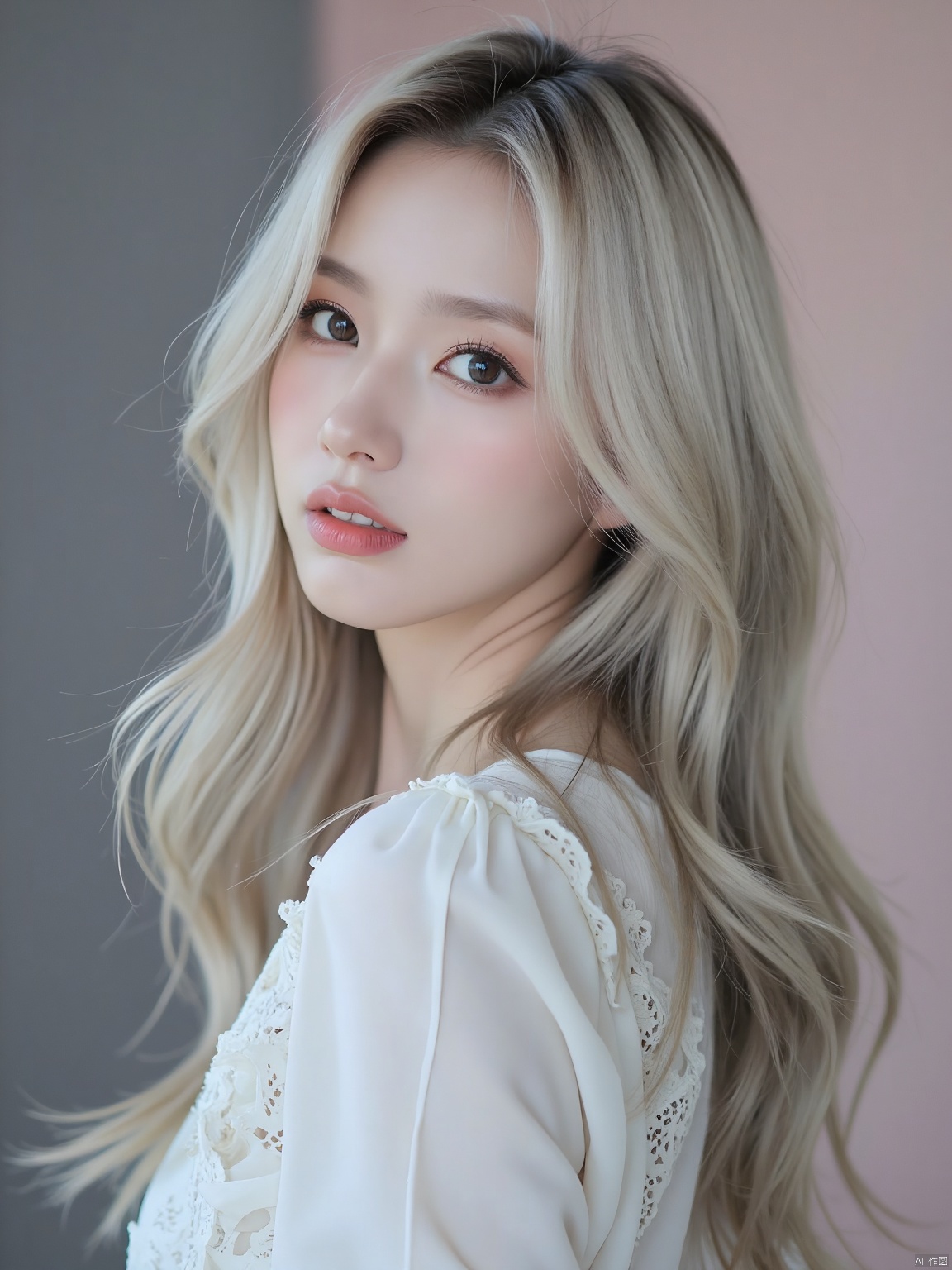 A face model with fair skin and cascading waves of icy blonde hair poses gracefully. She wears a delicate, lace-trimmed white blouse that adds a touch of elegance. Her expression is serene, with a gentle smile that reveals her perfectly straight teeth. The background is a gradient of cool steel on the left and warm blush on the right, creating a serene atmosphere. The lighting is sharp, highlighting the intricate patterns of the lace and the shine in her hair. The photo is a masterpiece in 32K UHD, with a sharp focus on her face and a blurry foreground that adds to the artistic effect, creating a striking and captivating portrait.