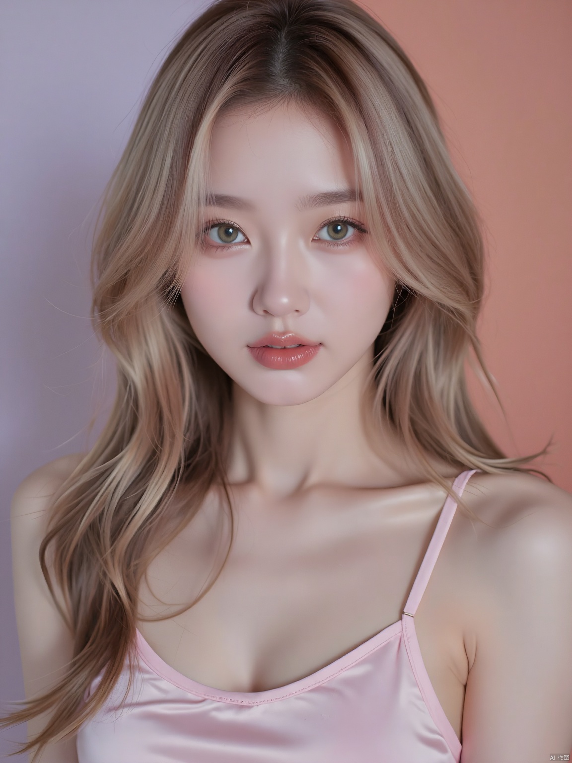 A close-up portrait of a face model with almond-shaped green eyes and cascading waves of strawberry blonde hair. She wears a pastel pink satin camisole that adds a touch of whimsy. Her expression is serene, with a gentle smile that lights up her face. The backdrop is a gradient of soft lavender on the left and warm coral on the right, setting a dreamy atmosphere. The lighting is even, enhancing her natural beauty. The photo is a masterful detail in 32K UHD, with a deep focus on her face and a motion blur in the background, giving a sense of movement.