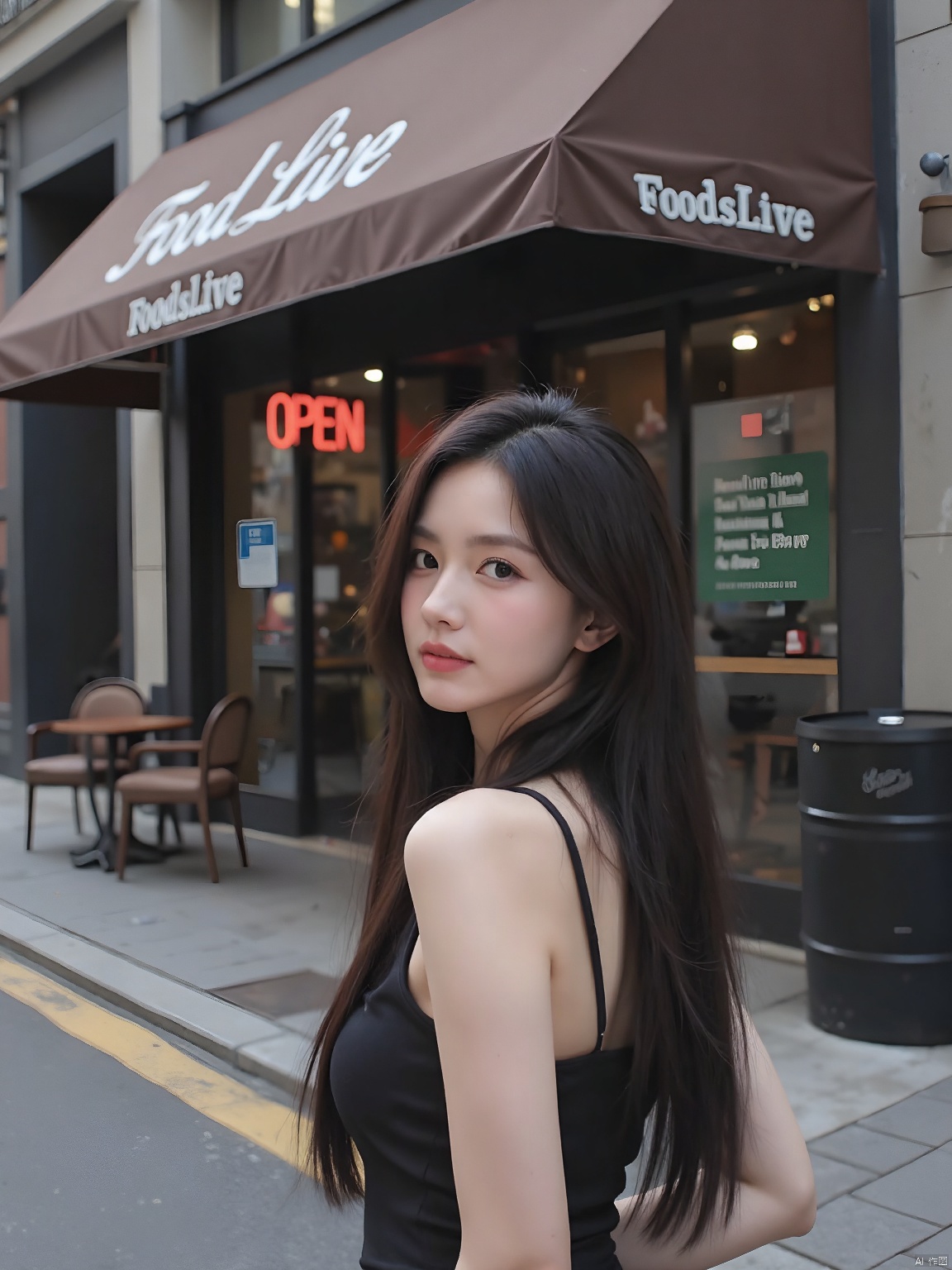 The image shows a person standing on a sidewalk in front of a cafe or restaurant entrance. The establishment has a brown awning with white lettering that reads "Food Live" followed by a word that is not fully visible due to the angle of the photo. The person is wearing a sleeveless top and has long,straight hair that falls past their shoulders. They are looking over their shoulder towards the camera with a slight smile on their face. The cafe entrance has a glass door with a red sign that says "OPEN" in white letters. On the right side of the door,there is a green sign with white lettering that is not clearly legible. The sidewalk is paved with grey tiles,and there is a yellow line painted on the ground. In the background,there are some chairs and a black barrel,and the cafe's interior can be seen through the glass door.,32K UHD,sharp focus,best-quality,masterpiece,unconventional supreme masterpiece,masterful details,depth of field,blurry background,blurry foreground,motion blur,going really fast masterpiece,deep focus,