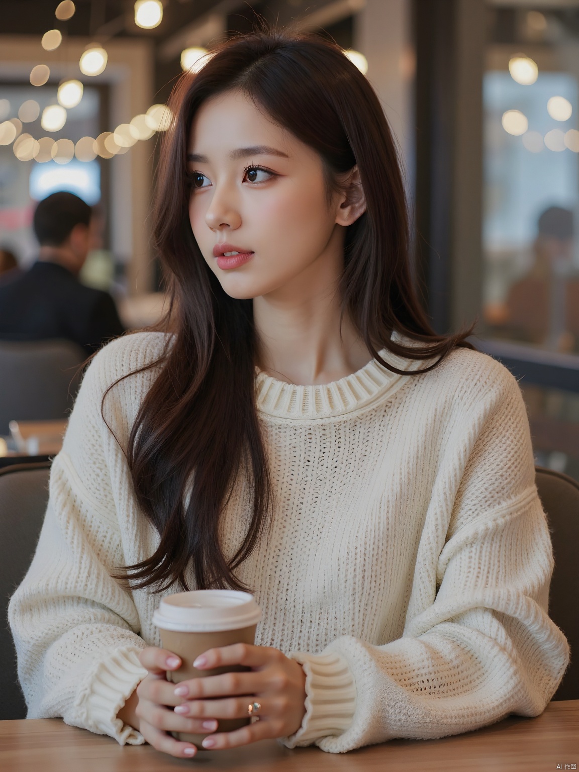 A young woman is sitting in an indoor environment,possibly a cafe or restaurant. She is wearing a white knitted sweater,which is very warm and comfortable. Her hair is long and soft,and the color is brown. She holds a cup of drink in her hands. Her eyes seem to be fixed on the distance,giving people a feeling of peace and relaxation,
Some fuzzy lights and shop decorations can be seen in the background,creating a warm atmosphere. The overall picture has a soft tone,giving people a ************. This kind of scene often reminds people of leisure time and enjoys a moment of peace and beauty,