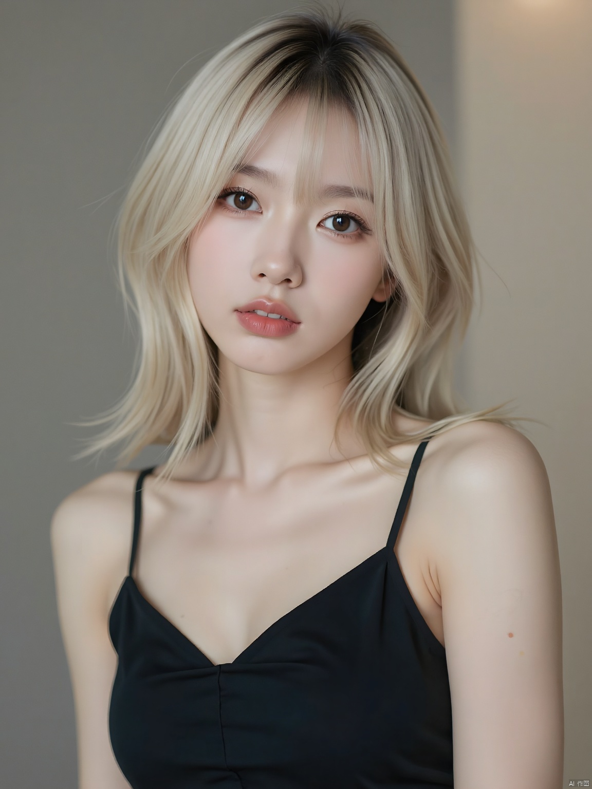 This is a photograph featuring a young Asian woman with a fair complexion,straight,shoulder-length blonde hair,and bangs. She is wearing a sleeveless,black,spaghetti-strap top that accentuates her slender physique. Her expression is neutral,with a slightly open mouth and large,expressive brown eyes. The background is a gradient of soft gray on the left and a warm beige on the right,creating a neutral and elegant backdrop. The lighting is soft and even,highlighting her facial features and the texture of her hair and clothing. The overall style of the photograph is modern and minimalistic,focusing on the subject with a clean and uncluttered composition.,
32K UHD,sharp focus,best-quality,masterpiece,unconventional supreme masterpiece,masterful details,depth of field,blurry background,blurry foreground,motion blur,going really fast masterpiece,deep focus,
