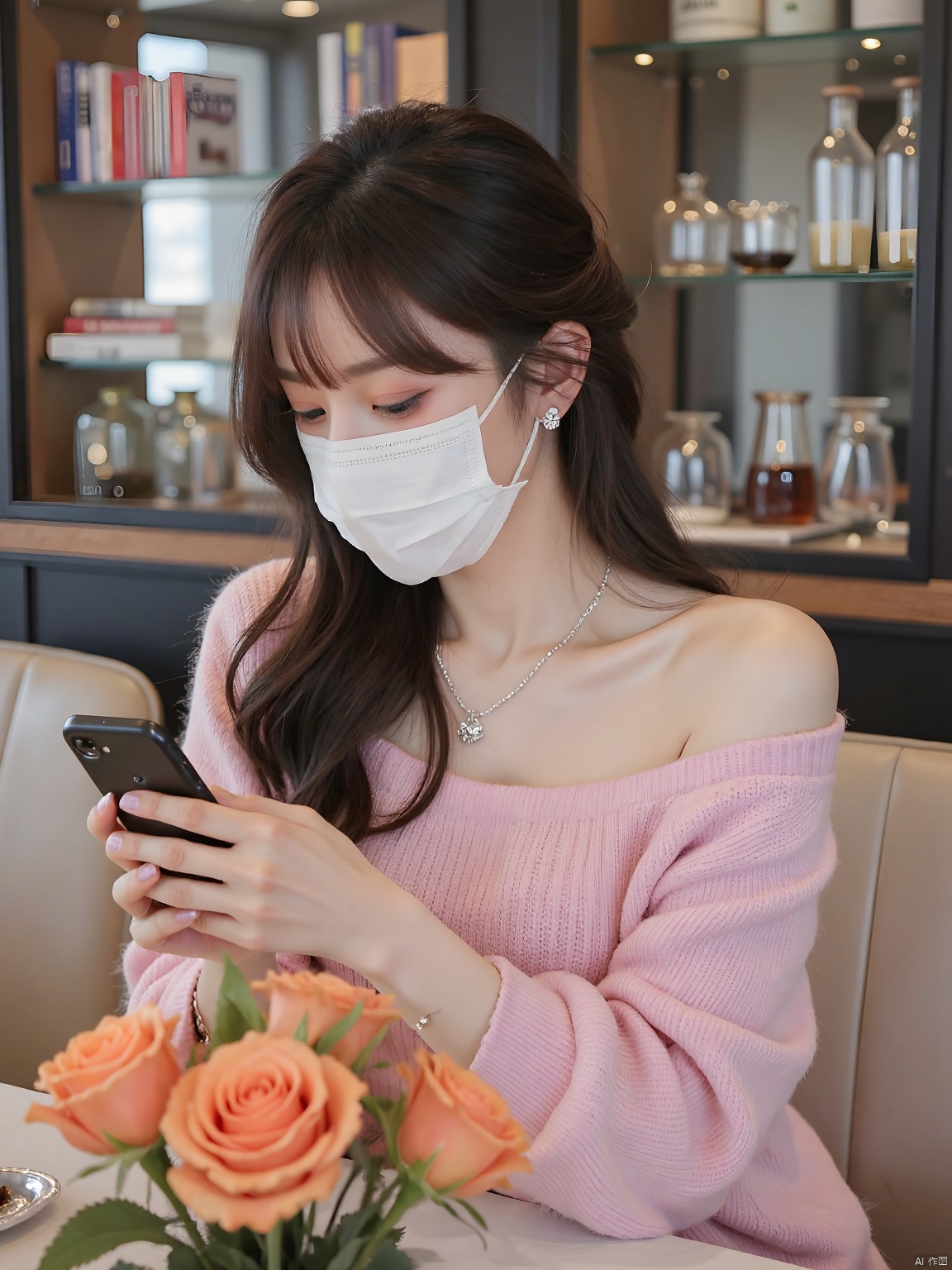 The image is a high-resolution photograph of a young woman sitting in a cozy café. She has long, wavy brown hair tied into a high ponytail with bangs that frame her face. She has a fair complexion and wears subtle makeup, with a focus on her eyes and lips. She wears an off-the-shoulder pink sweater and a white mask, giving her a comfortable, casual feel. The sweater's long sleeves are slightly fluffy, adding a comfortable appeal.

She holds her smartphone in her left hand and looks at it intently. She wears a delicate silver necklace and pendant around her neck, as well as a pair of small sparkling earrings.

On the table in front of her was a bouquet of orange roses, adding a touch of brightness and a touch of elegance to the scene. The interior of the café is modern and stylish, with beige leather seats and a back counter, and glass shelves display a variety of items, including books and bottles