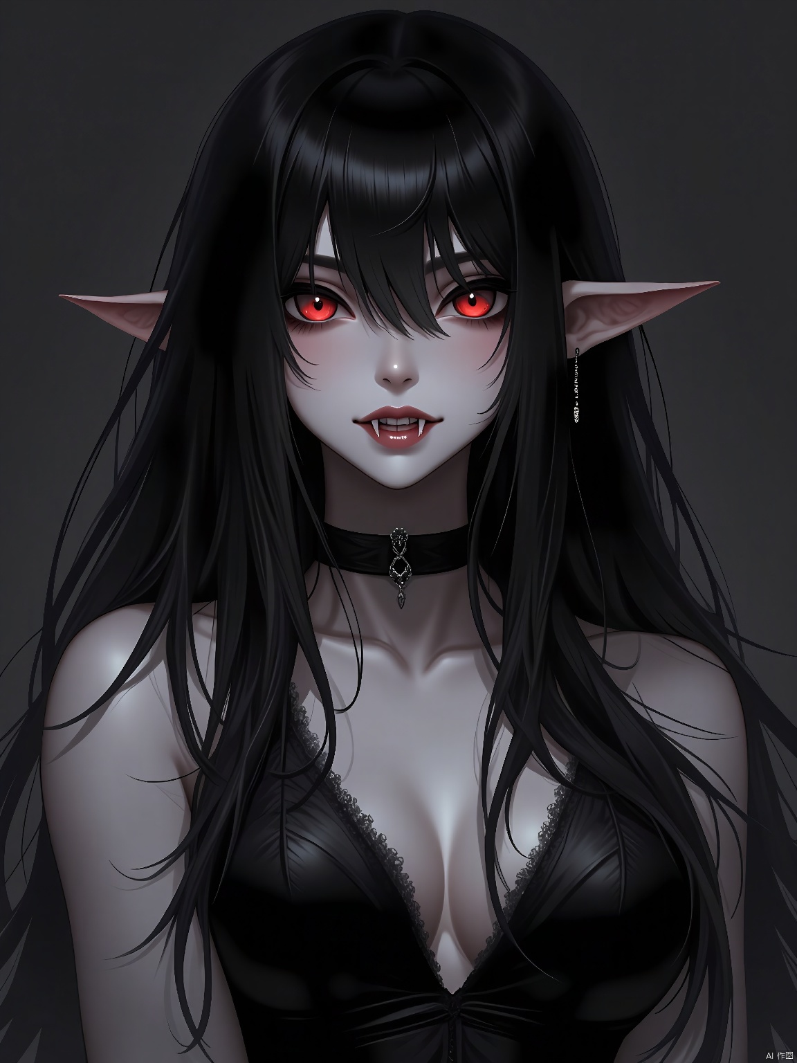 Girl, Vampire, pale skin, fangs slightly bared, red eyes glowing, long black hair, elegant yet menacing.
