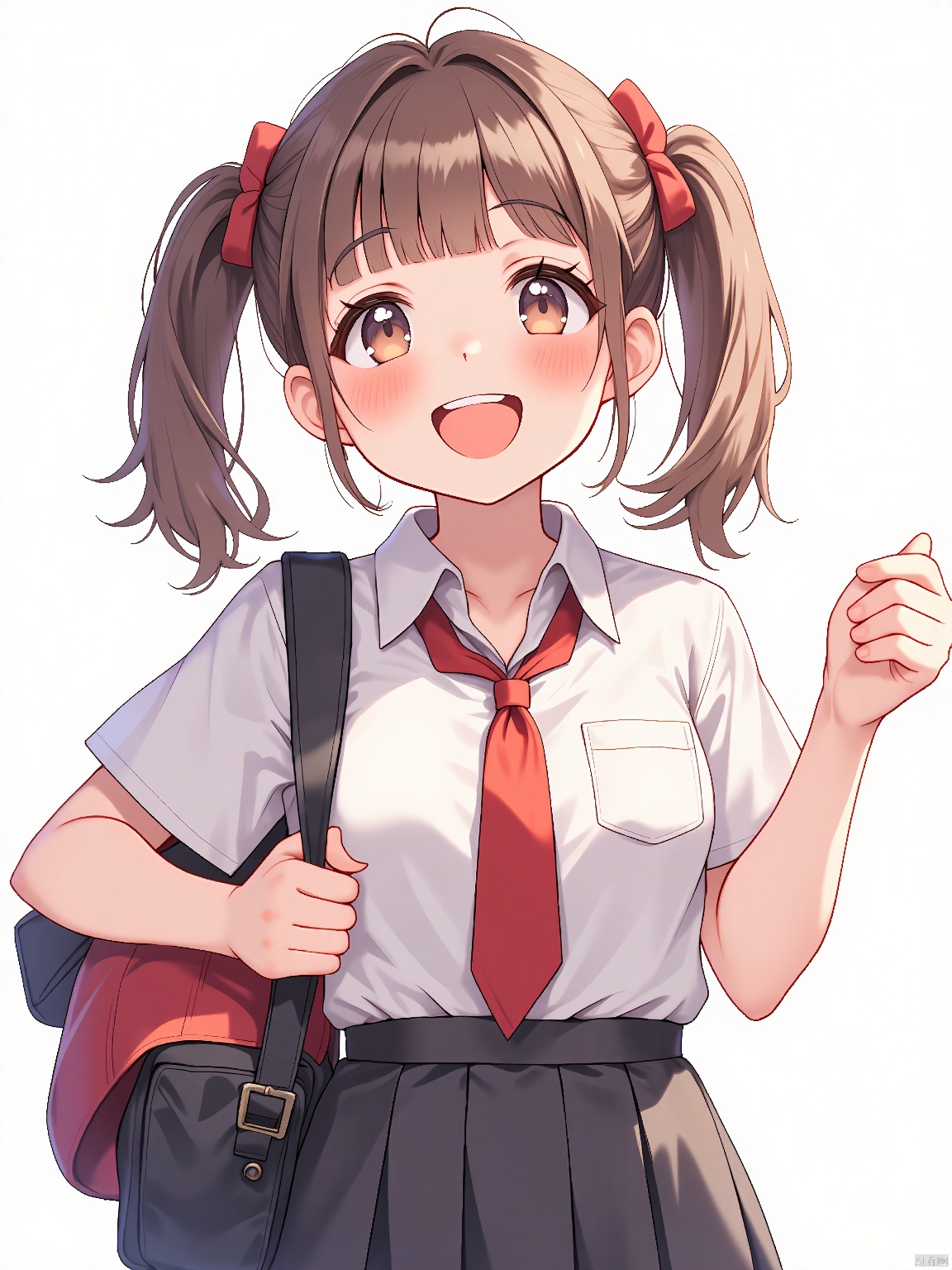 Girl, Schoolgirl, uniform with red tie, bookbag on her back, pigtails, bright smile, cheerful and energetic.
