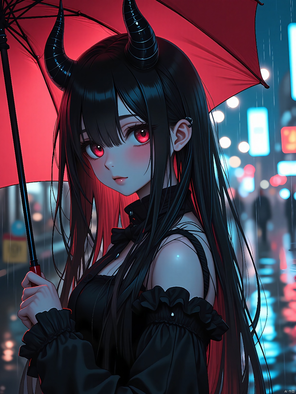 Demon-horned youth, goth lolita attire, raven hair, crimson eyes, umbrella in hand, melancholic pose, rain-soaked alley, neon lights, somber expression, dark fantasy.