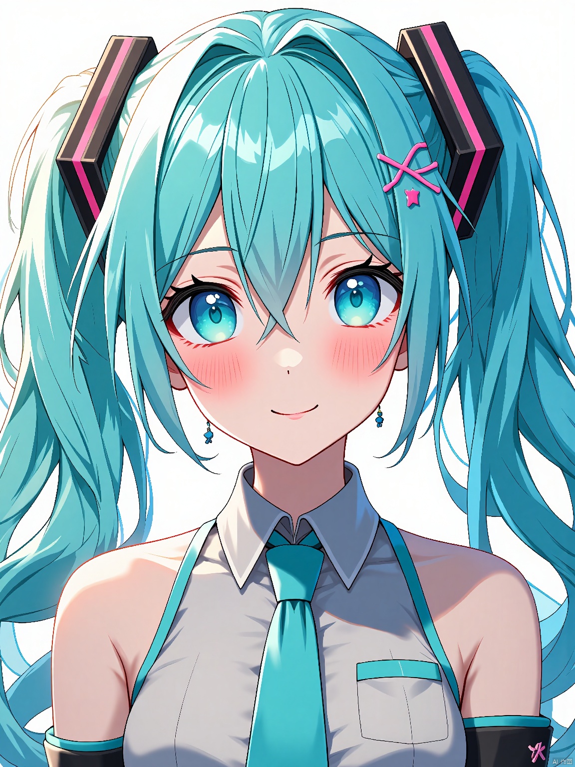 1girl,Solo,bust,best quality,amazing quality,very aesthetic,absurdres,miku hatsune,ahoge,aqua eyes,aqua hair,crossed bangs,hair between eyes,hair ornament,long hair,twintails,