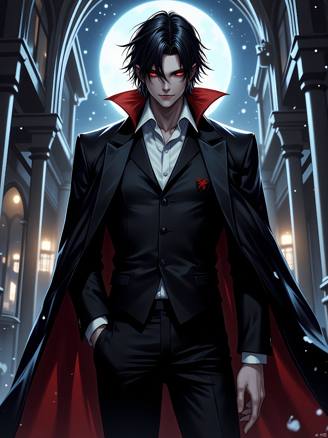 Vampire lord, elegant suit, jet-black hair, crimson eyes, fangs bared, dominant pose, grand castle, moonlit courtyard, seductive gaze, noble vampire.