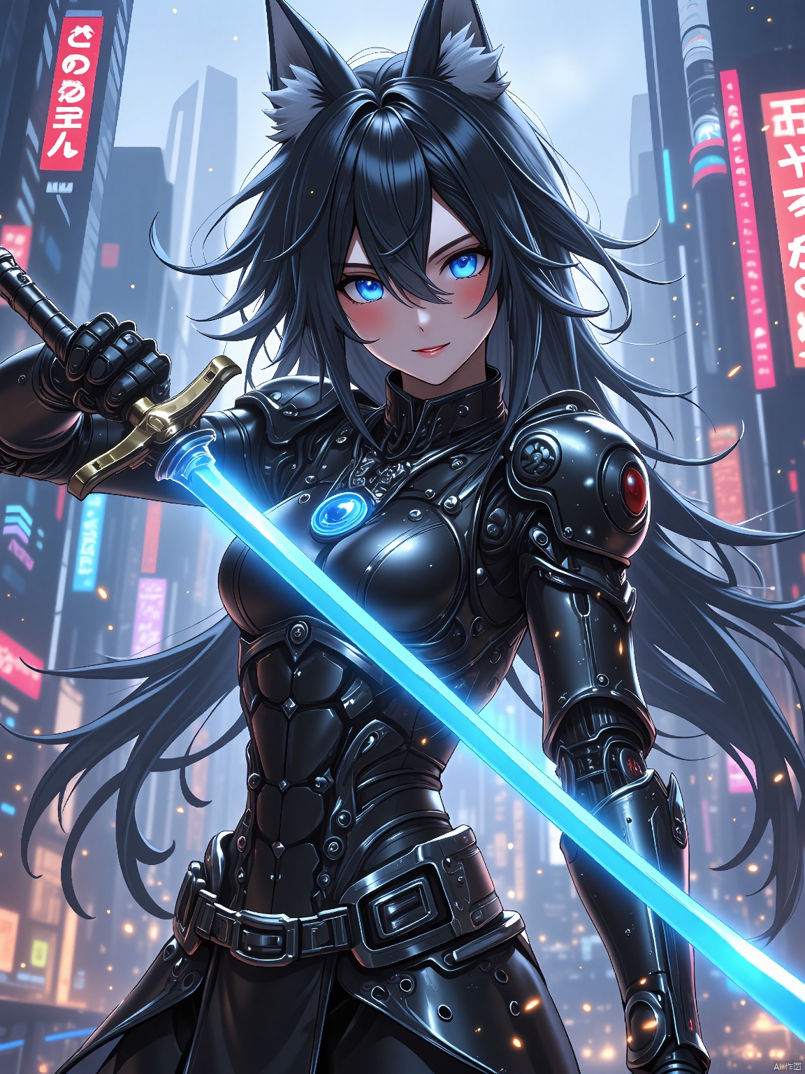 Cyborg warrior, sleek armor, silver-streaked black hair, electric blue eyes, plasma sword, battle stance, futuristic city, neon skyline, fierce determination, robotic warrior.