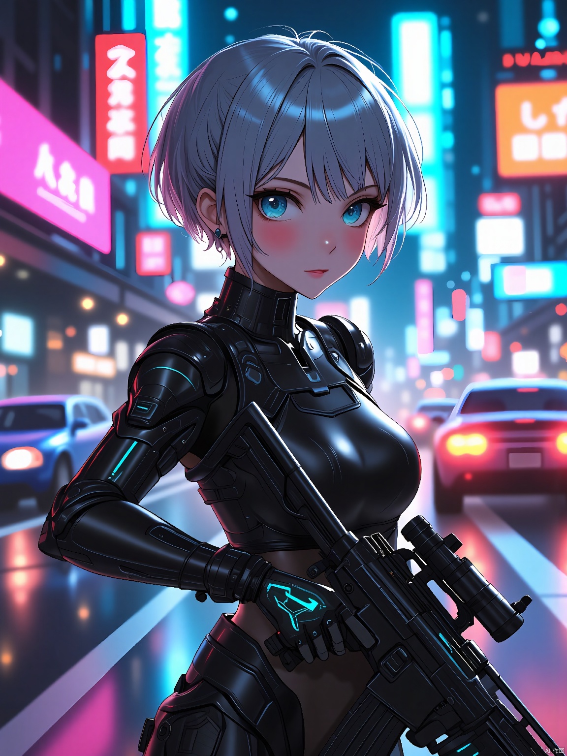 Cybernetic girl, sleek and futuristic, silver-streaked hair short, digital eyes scanning, plasma rifle slung, vigilant pose, neon-lit highway, hover cars zooming, determined look, cybernetic frontier.
