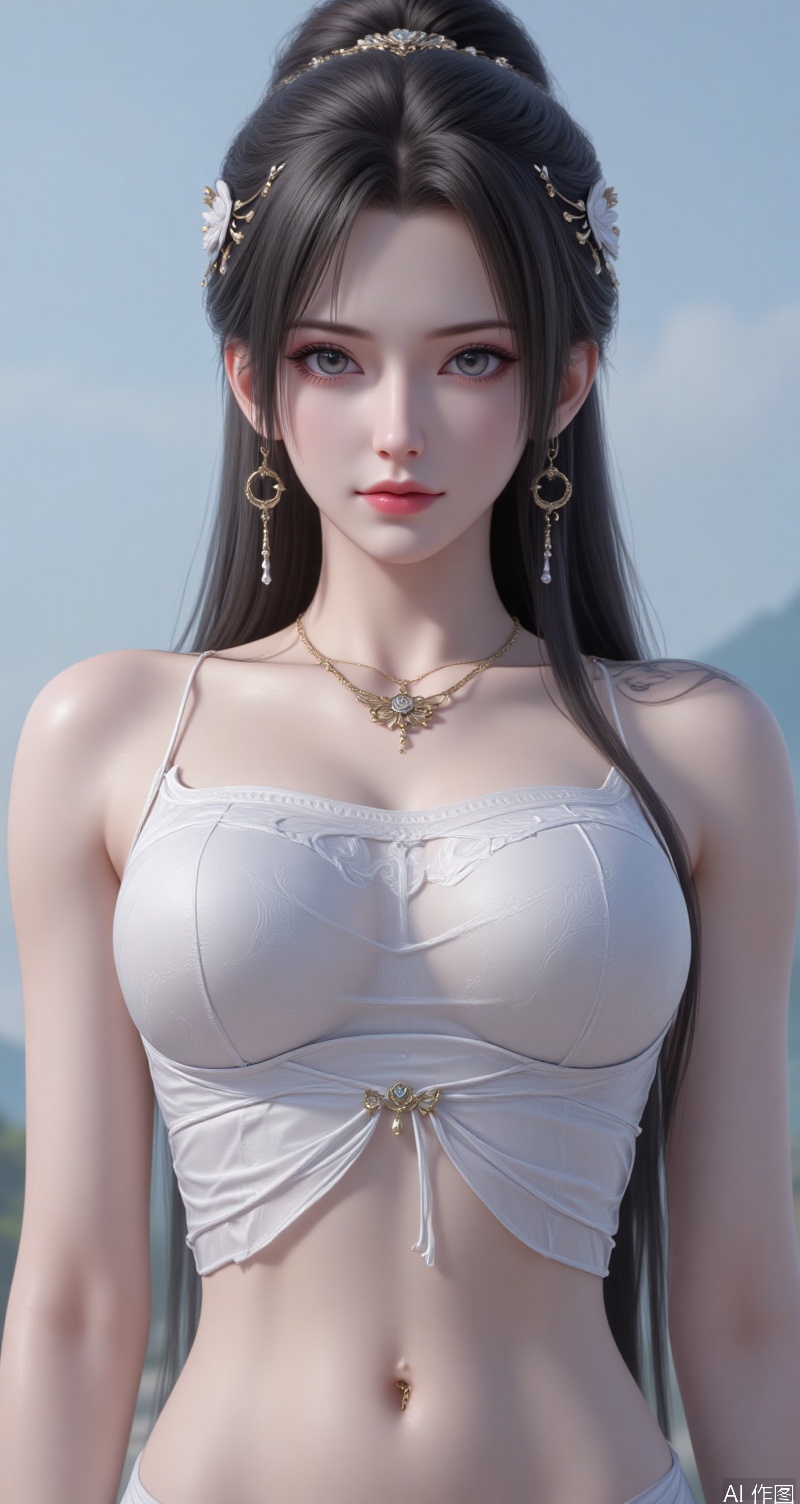 qingyi,lvjing,black hair,grey eyes,long hair,hair_ornament,hair_bun,fair_skin,qingyi,forehead_mark, 1girl,swimsuit,breasts,bangs,jewelry,bikini,bangs,solo,navel,looking at viewer,tattoo,earrings,necklace,upside-down,cleavage,bracelet,arm tattoo,blurry background,parted lips,blurry,large breasts,lying,outdoors,shoulder tattoo,medium breasts,stomach,bare shoulders,lips,sideways,smile,string bikini,cover,simple background,gradient_background,Close-up details,outstanding style,adding a touch of dimension to your images without compromising details,close-up,lvjing,