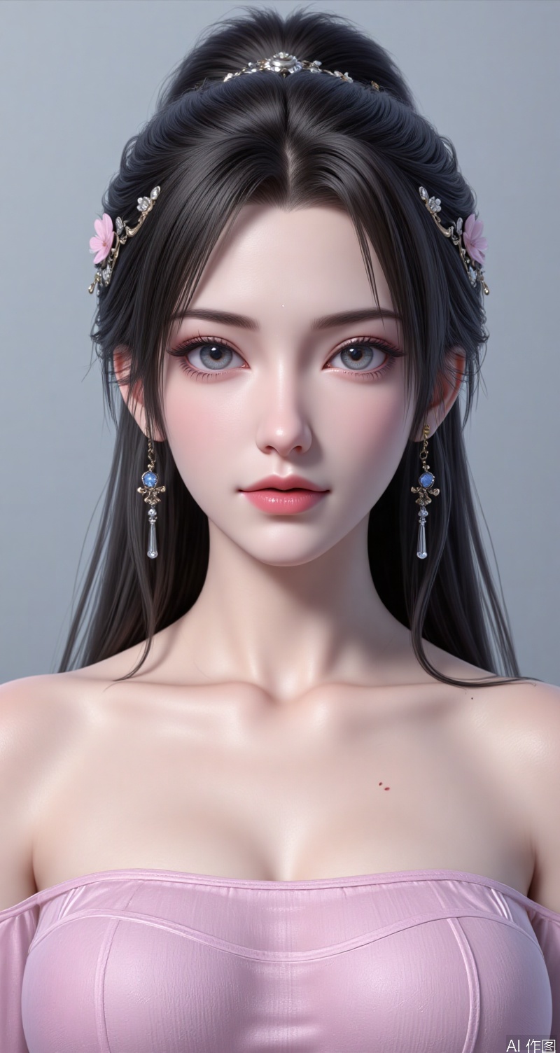 qingyi,lvjing,black hair,grey eyes,long hair,hair_ornament,hair_bun,fair_skin,qingyi,forehead_mark, 1girl,jewelry,solo,earrings,sweater,breasts,long hair,ponytail,looking at viewer,off-shoulder sweater,off shoulder,collarbone,pink sweater,bare shoulders,large breasts,closed mouth,long sleeves,lips,dress,cover,simple background,gradient_background,Close-up details,outstanding style,adding a touch of dimension to your images without compromising details,close-up,colorful,