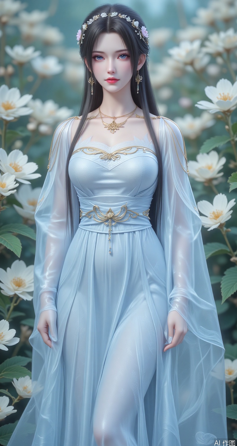 qingyi, A beautiful woman in a light blue robe,long hair and waist,wearing a wreath,stood among the blooming white flowers. She stood gracefully,staring ahead. The picture style is gorgeous,full of dreamy colors,lvjing