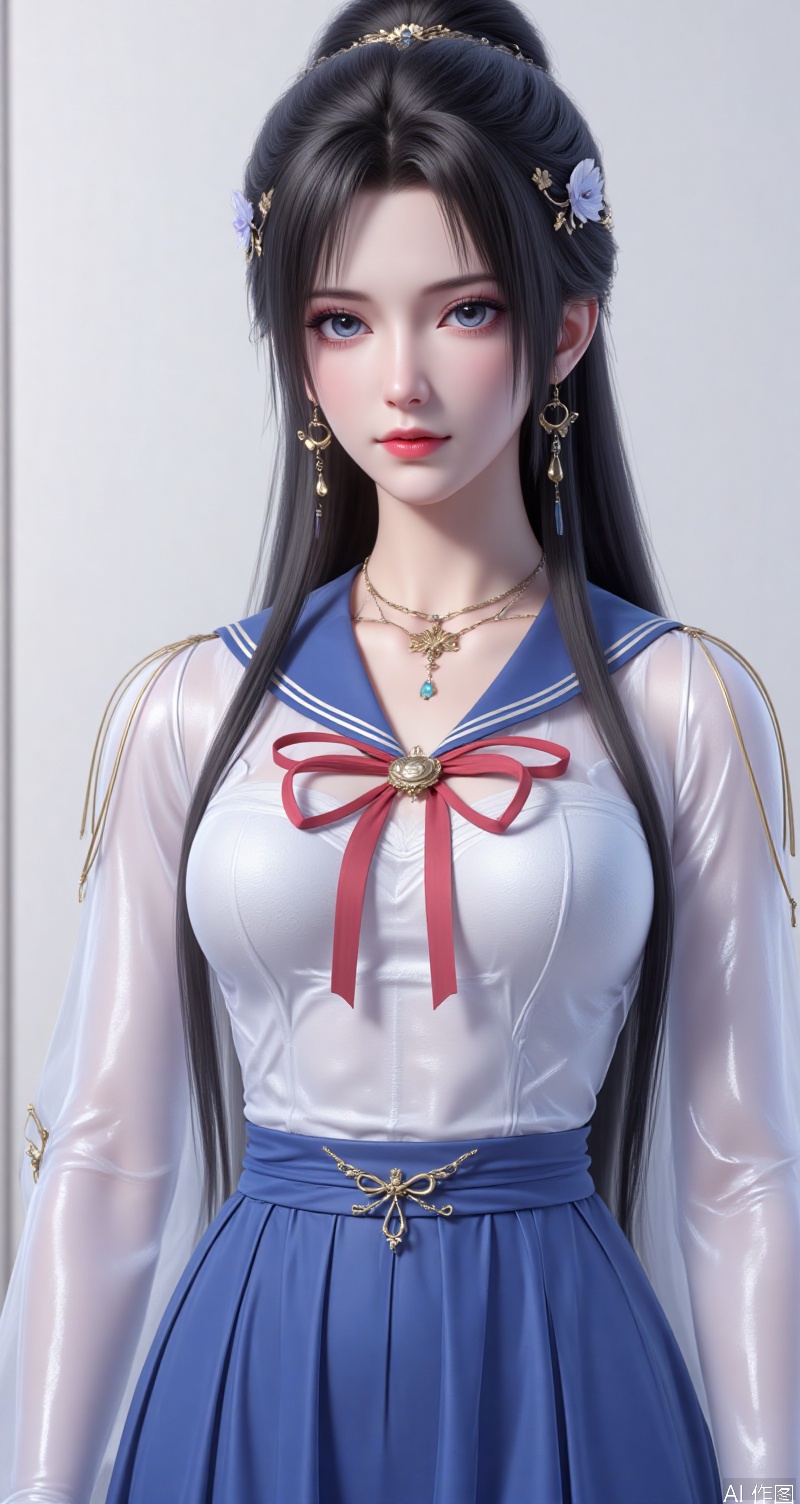 qingyi,lvjing,black hair,grey eyes,long hair,hair_ornament,hair_bun,fair_skin,qingyi,forehead_mark, 1girl,solo,skirt,sailor senshi uniform,blue sailor collar,jewelry,gloves,sailor collar,blue skirt,choker,white gloves,earrings,crescent earrings,pleated skirt,bow,magical girl,red bow,crescent,elbow gloves,red choker,covered navel,hair ornament,looking at viewer,collarbone,bowtie,circlet,cover,simple background,gradient_background,Close-up details,outstanding style,adding a touch of dimension to your images without compromising details,close-up,lvjing,