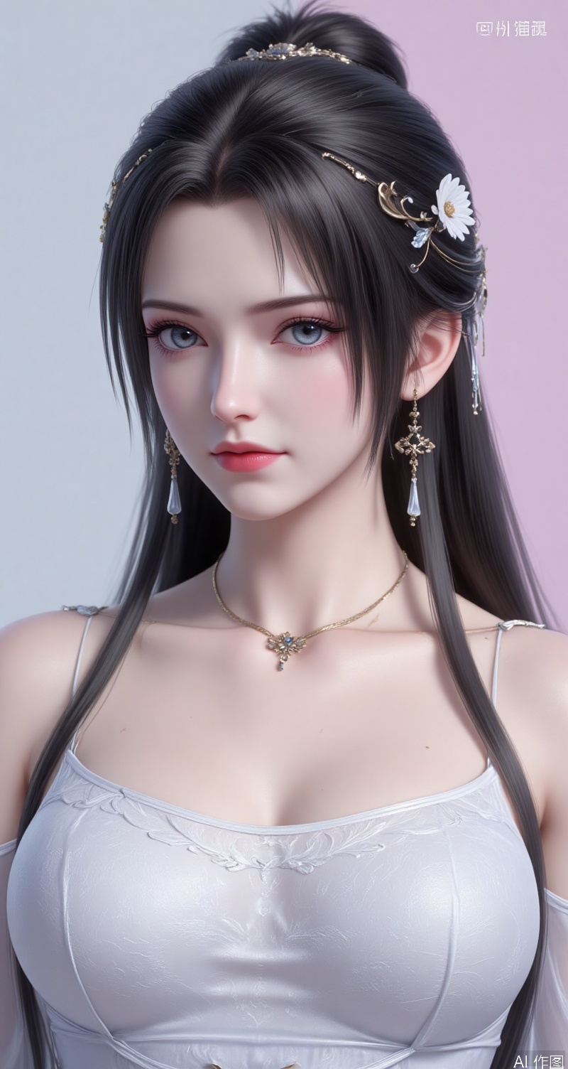 qingyi,lvjing,black hair,grey eyes,long hair,hair_ornament,hair_bun,fair_skin,qingyi,forehead_mark, 1girl,dress,violin,instrument,solo,white dress,breasts,jewelry,earrings,holding,looking at viewer,cleavage,copyright name,playing instrument,holding instrument,bare shoulders,bow (music),music,sleeveless,closed mouth,see-through,sleeveless dress,cover,simple background,gradient_background,Close-up details,outstanding style,adding a touch of dimension to your images without compromising details,close-up,lvjing,
