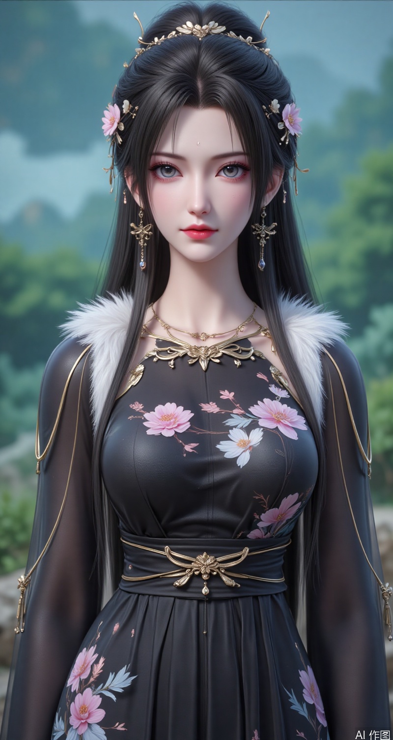 qingyi,lvjing,black hair,grey eyes,long hair,hair_ornament,hair_bun,fair_skin,qingyi,forehead_mark, 1girl,solo,jewelry,earrings,hair ornament,flower,hair flower,looking at viewer,standing,floral print,dress,blurry,long sleeves,blurry background,chinese clothes,black dress,fur trim,alternate costume,cover,simple background,gradient_background,Close-up details,outstanding style,adding a touch of dimension to your images without compromising details,close-up,colorful,
