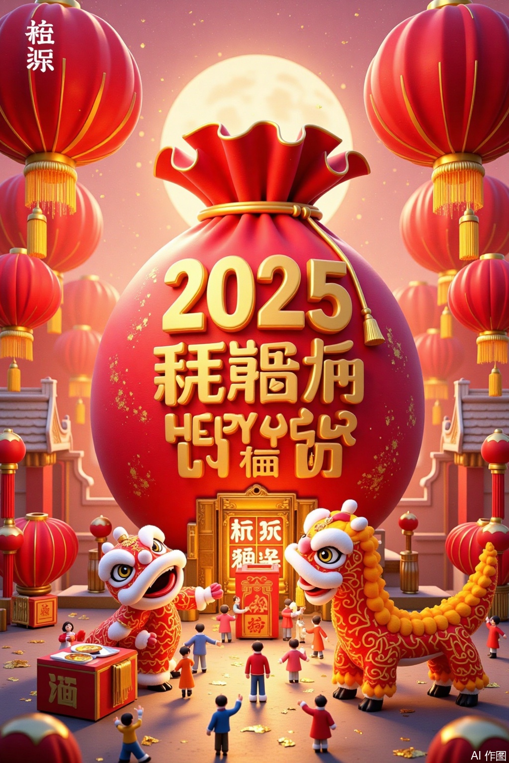 Ultra photoreal, Insane Details, 32K, Realistic,
Create a scene in a miniature world with a realistic photo - like quality. In the picture,a huge bag is prominent,(with "2025 HAPPY NEW YEAR" written on it. In the foreground:2),a group of people are lively performing dragon and lion dances,bustling with excitement,filled with a strong traditional Chinese Spring Festival atmosphere. The sunlight shines,illuminating every detail and presenting a high - definition picture