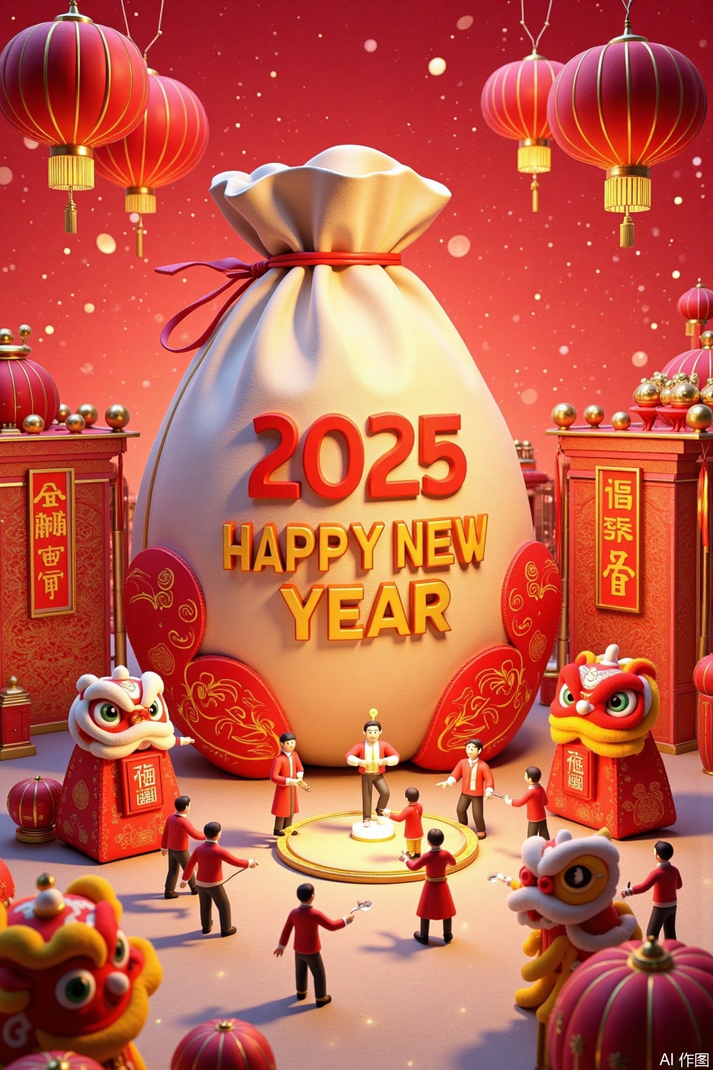 Ultra photoreal, Insane Details, 32K, Realistic,
Create a scene in a miniature world with a realistic photo - like quality. In the picture,a huge bag is prominent,(with "2025 HAPPY NEW YEAR" written on it. In the foreground:2),a group of people are lively performing dragon and lion dances,bustling with excitement,filled with a strong traditional Chinese Spring Festival atmosphere. The sunlight shines,illuminating every detail and presenting a high - definition picture