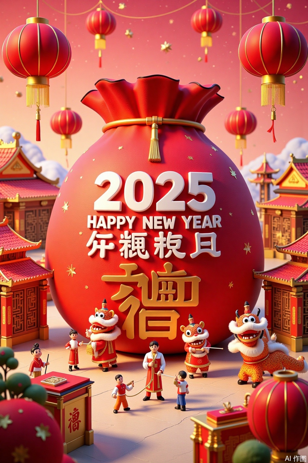 Ultra photoreal, Insane Details, 32K, Realistic,
Create a scene in a miniature world with a realistic photo - like quality. In the picture,a huge bag is prominent,(with "2025 HAPPY NEW YEAR" written on it. In the foreground:2),a group of people are lively performing dragon and lion dances,bustling with excitement,filled with a strong traditional Chinese Spring Festival atmosphere. The sunlight shines,illuminating every detail and presenting a high - definition picture