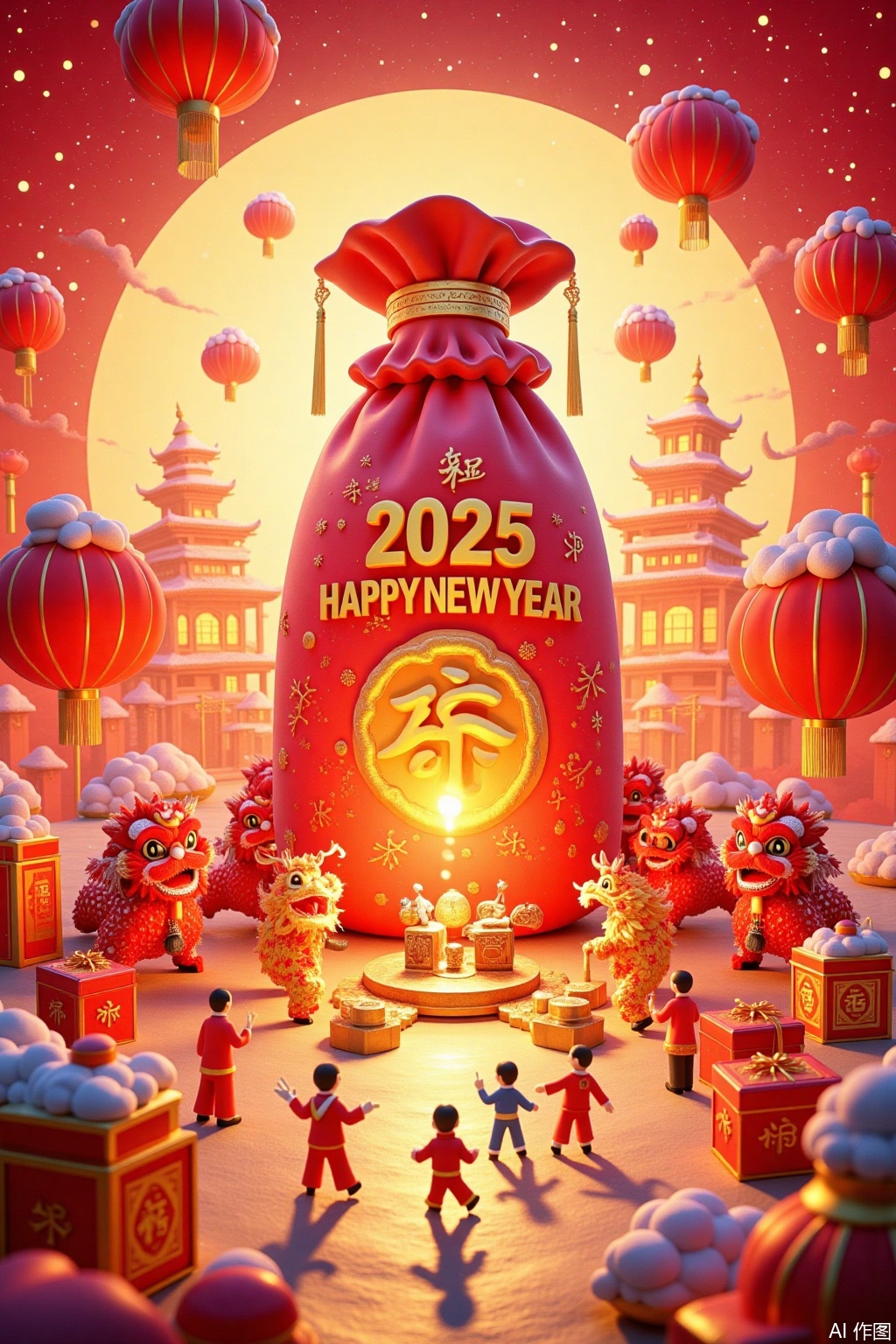 Ultra photoreal, Insane Details, 32K, Realistic,
Create a scene in a miniature world with a realistic photo - like quality. In the picture,a huge bag is prominent,(with "2025 HAPPY NEW YEAR" written on it. In the foreground:2),a group of people are lively performing dragon and lion dances,bustling with excitement,filled with a strong traditional Chinese Spring Festival atmosphere. The sunlight shines,illuminating every detail and presenting a high - definition picture