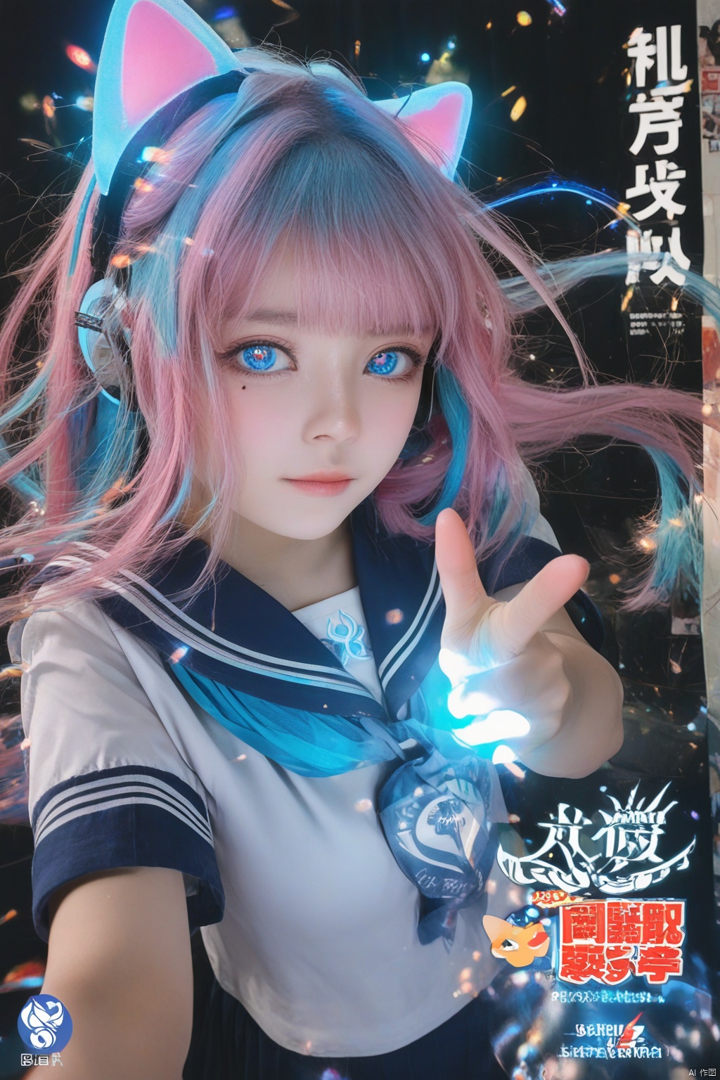 ((((Logo,)) ((text âINNO VISIONâ)), poster, )), V, 1girl, aiming at viewer, animal ears, black background, blue eyes, blue hair, blue sailor collar, blush, cat ears, closed mouth, fake animal ears, finger gun, floating hair, foreshortening, glowing, glowing eyes, glowing lines, light particles, long hair, looking at viewer, mole, mole under eye, multicolored eyes, multicolored hair, neckerchief, outstretched arm, pink hair, pointing, pointing at viewer, sailor collar, school uniform, serafuku, shiny, shirt, short sleeves, simple background, solo, upper body, white shirt, glowing hand, fingers