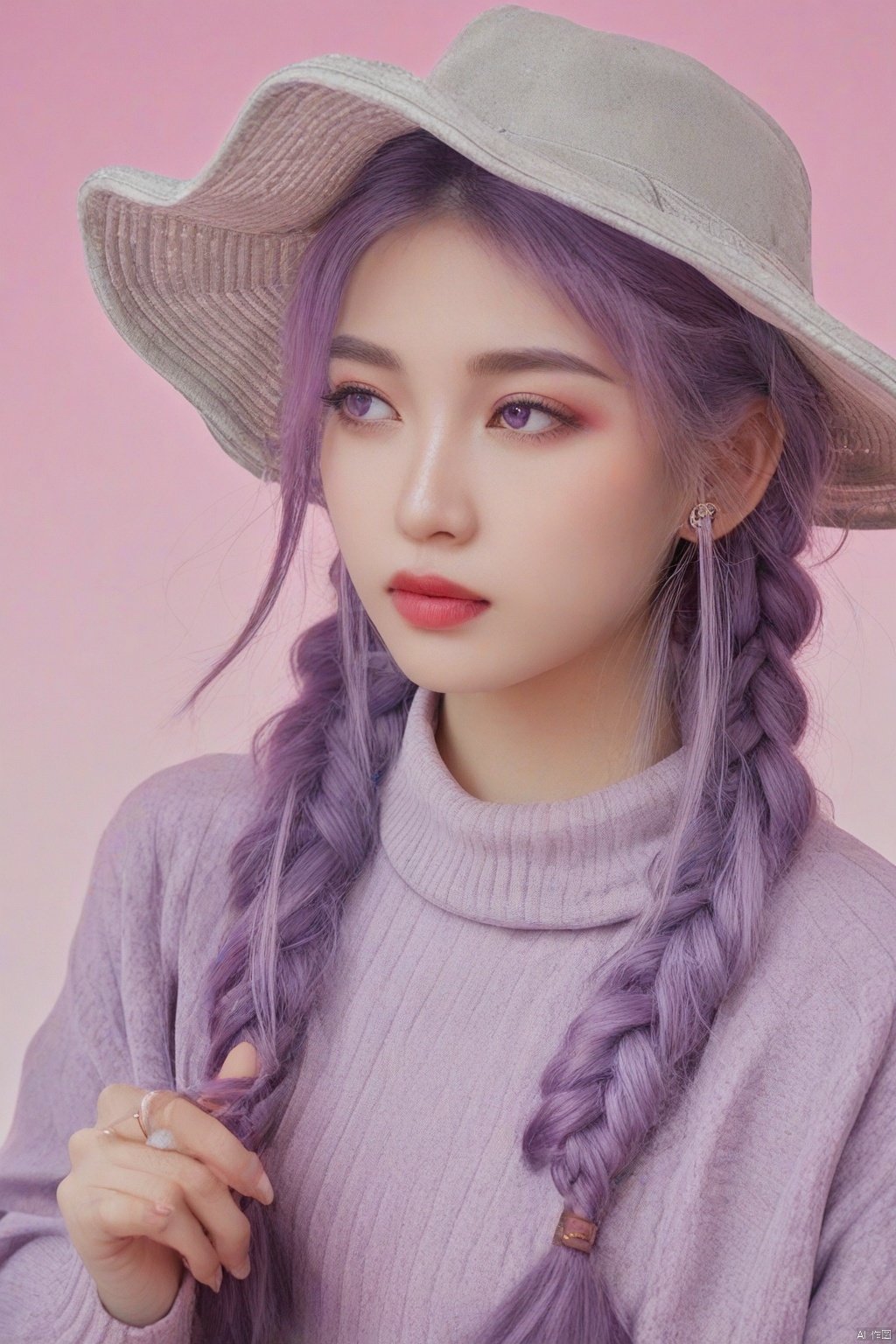 photorealistic,full body portrait of hubggirl,perfect hands,(ultra realistic,best quality),Extremely Realistic,vibrant colors,chinese girl,hat,jewelry,shut up,purple eyes,upper body,purple hair,braids,earrings,double braids,sweater,lips,gradient,gradient background,eyelashes,makeup,pink background,portrait,shoulder hair,real,red lips,HZZ\(hubggirl)\