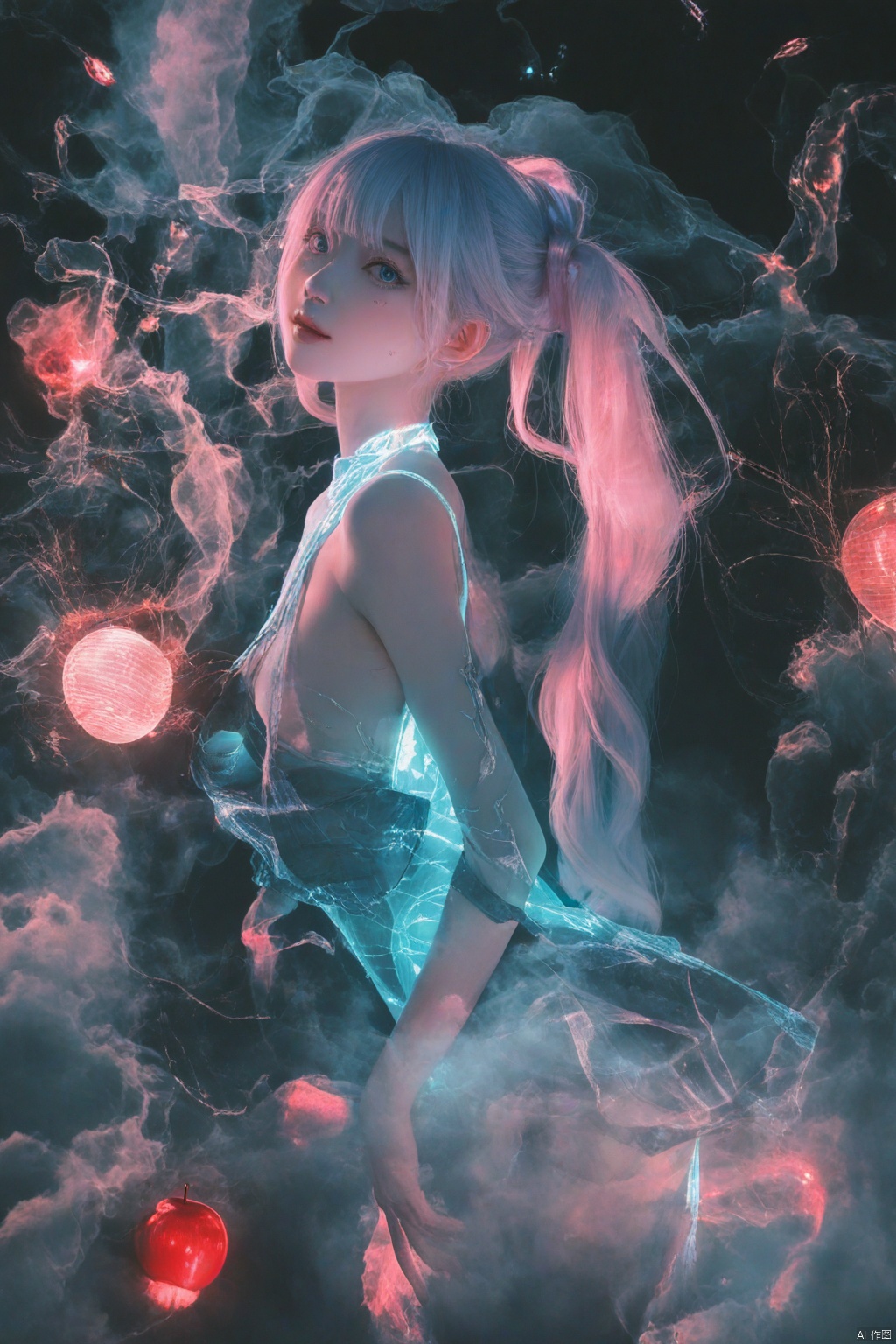 A photograph of beautiful hubggirl, (super realistic, best quality:1.25), depth, cinematic light, BREAK best_quality,masterpiece,(yoneyama mai:0.5),(WANKE:0.5),(noyu (noyu23386566):0.5),cute painting style,dark,Hatsune Miku,limited palette,black background,colorful,vibrant,glowing outline,neon,blacklight,looking at viewer,apple,fog,from_side,