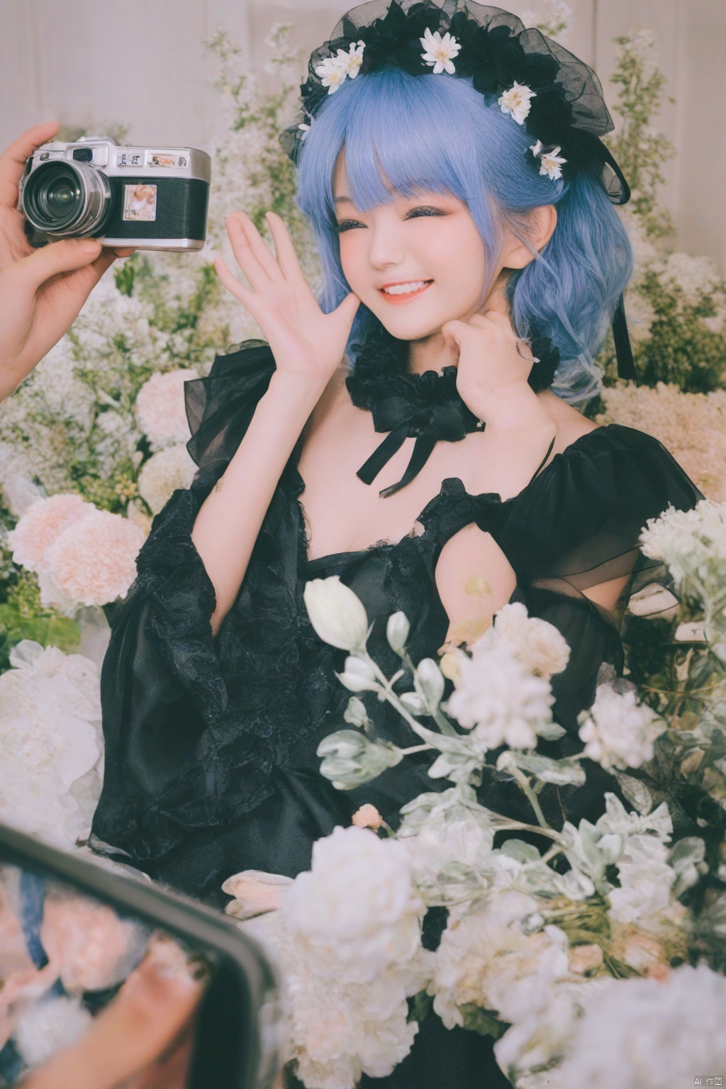 The image is a portrait of a underage girl with blue hair. She is wearing a white and black dress with a black ribbon tied around her neck. The dress has a ruffled collar and sleeves. She has a small flower crown on her head with pink and white flowers. The girl is making a heart shape with her hands and is looking directly at the camera with a slight smile on her face. The background is blurred, but it appears to be an indoor space with people walking around.
