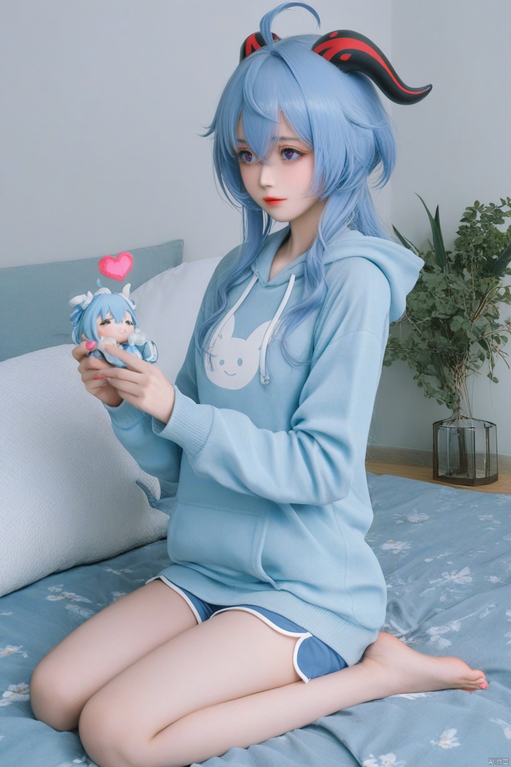 masterpiece,best quality,illustration, [Artist miwano rag],[Artist toosaka asagi],[Artist wlop],[Artist chen bin], 1girls, solo,loli,loli,loli, (little_girl:1.2),petite:1.1, long sleeves, holding, hair between eyes, sitting, closed mouth, blue hair, purple eyes, full body, ahoge, heart, sidelocks, horns, shorts, barefoot, indoors, hood, sweater, pillow, short shorts, hoodie, stuffed toy, stuffed animal, seiza, pink nails, blue shorts, goat horns, ganyu \(genshin impact\)
