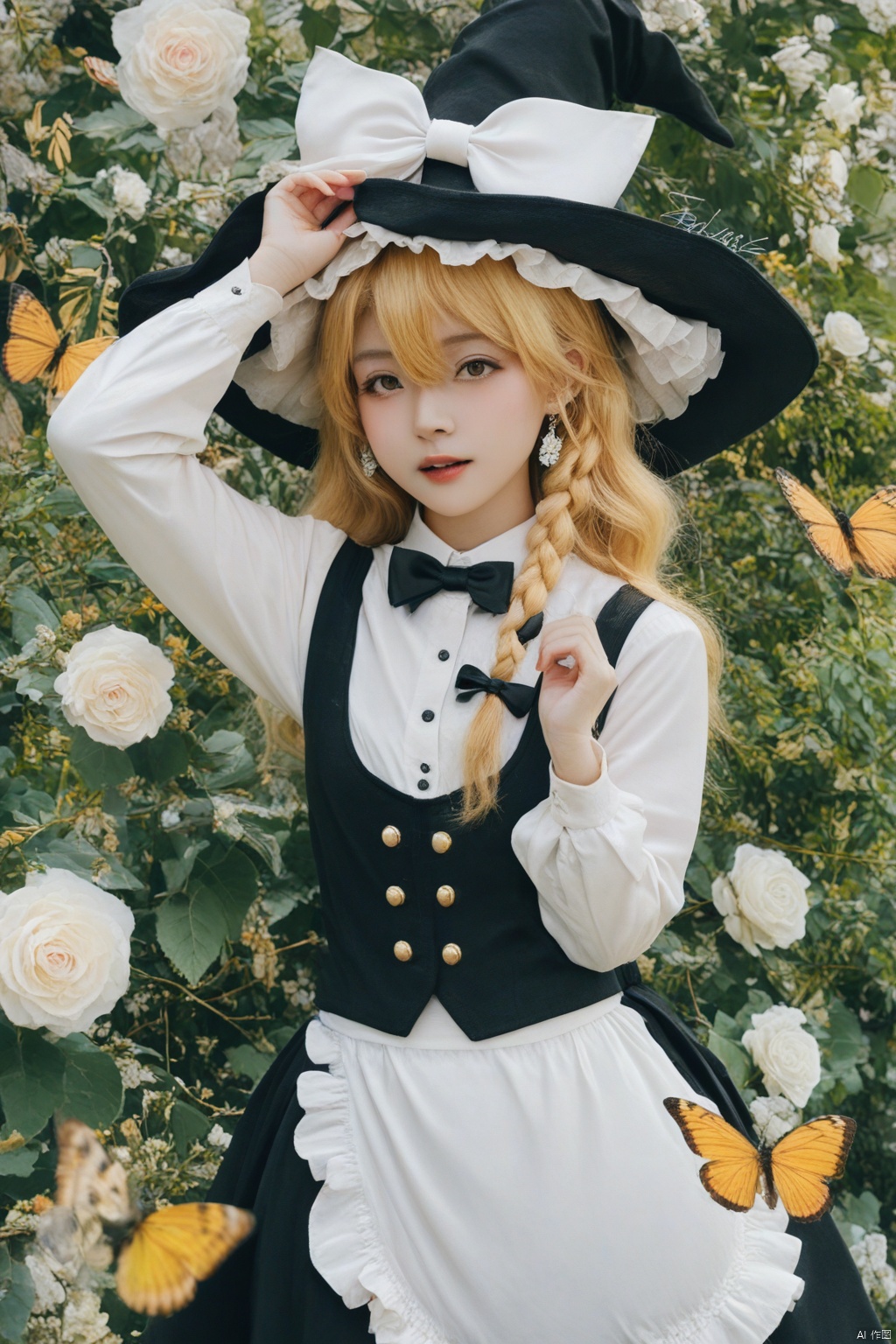 masterpiece,Realism,best quality,loli,1girl,hat,kirisame marisa,blonde hair,solo,yellow eyes,bug,witch hat,butterfly,long hair,braid,bow,flower,apron,black headwear,single braid,long sleeves,earrings,hair ornament,jewelry,white bow,hair flower,shirt,white shirt,closed mouth,hair between eyes,black bow,waist apron,white apron,hat bow,black skirt,white flower,blush,bowtie,skirt,black bowtie,looking at viewer,hair bow,rose,black vest,vest,frills,signature,buttons,hand on headwear,upper body,frilled apron,white rose,arms up,cowboy shot,yellow butterfly,arm up,hands up,artist name,side braid,ribbon,