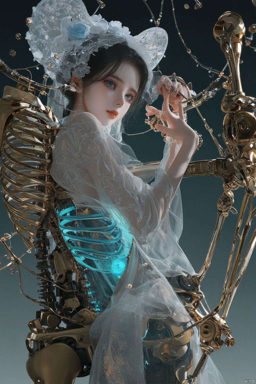 masterpiece, best quality, amazing quality, very aesthetic, absurdres, year 2023, onineko, tianliang duohe fangdongye, wlop, ciloranko, ask \(askzy\), 
1girl, android, aqua eyes, black hair, bone, glowing, gradient background, looking at viewer, mechabare, mechanical spine, medium hair, ribs, 
robot, science fiction, see-through body, skeletal body,
spine, translucent, transparent, mecha bonnet , mature
very aesthetic, high definition, amazing quality,
masterpiece, best quality, very aesthetic, highres, absurdres, sensitive