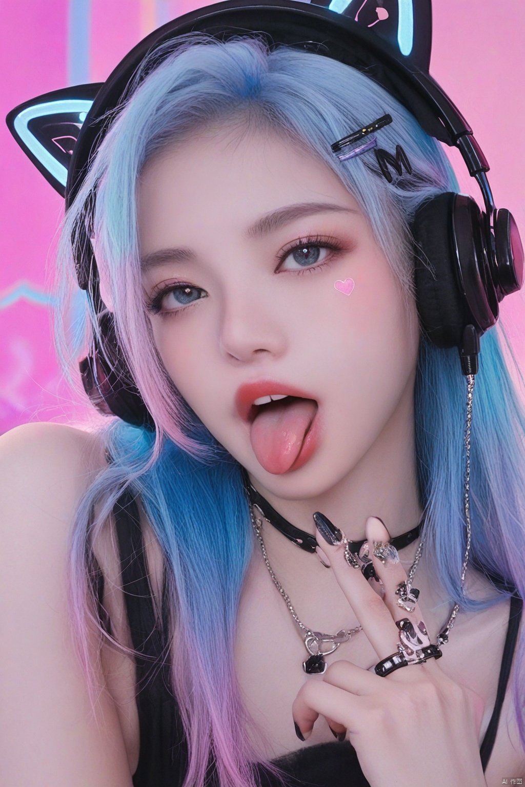 1girl, solo, long hair, open mouth, hair ornament, animal ears, jewelry, blue hair, upper body, multicolored hair, tongue, hairclip, cat ears, tongue out, necklace, nail polish, two-tone hair, lips, fingernails, gradient hair, fake animal ears, headphones, black nails, realistic, nose, animal ear headphones, cat ear headphones (artist:glutton:0.6)