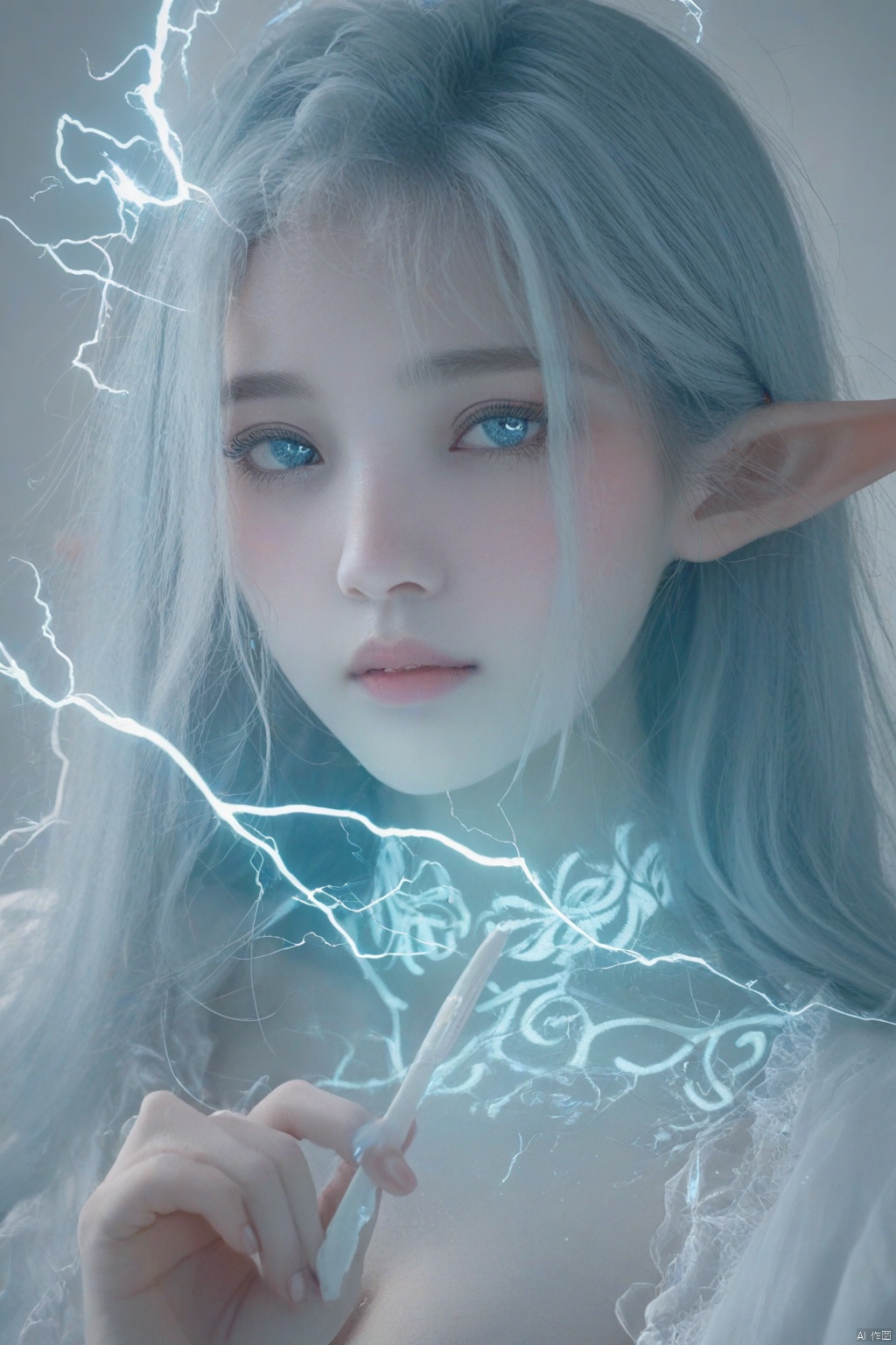 A photograph of beautiful hubggirl, 1girl,(super realistic, best quality:1.25), depth, cinematic light, BREAK Create a highly detailed close-up image of a fantasy elf’s face, blending elements of cinematic art and modern digital design. Her pale skin glows with a soft, ethereal light, intricately adorned with golden, cracked patterns that evoke the delicate art of kintsugi, tracing along her features with a mystical glow. These patterns intertwine with neon tattoos, forming geometric shapes that pulse with a magical energy. Her large, mesmerizing eyes shift between shades of deep teal and oceanic blue, as if holding the mysteries of the sea within them, drawing the viewer into her intense, calm gaze. ..,(her hand crackling with huge electricity power as she gazes directly at the camera))