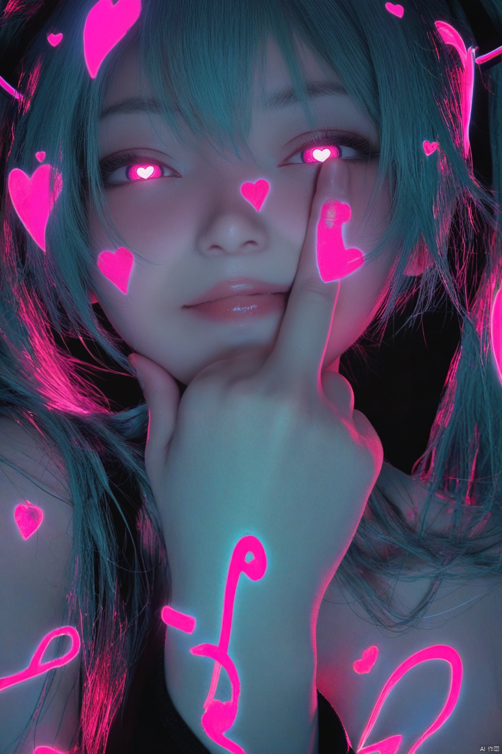 Hatsune Miku,limited palette,black background,colorful,vibrant,glowing outline,neon,blacklight,looking at viewer, masterpiece, very aesthetic, smug, half closed eyes, heart eyes, middle finger