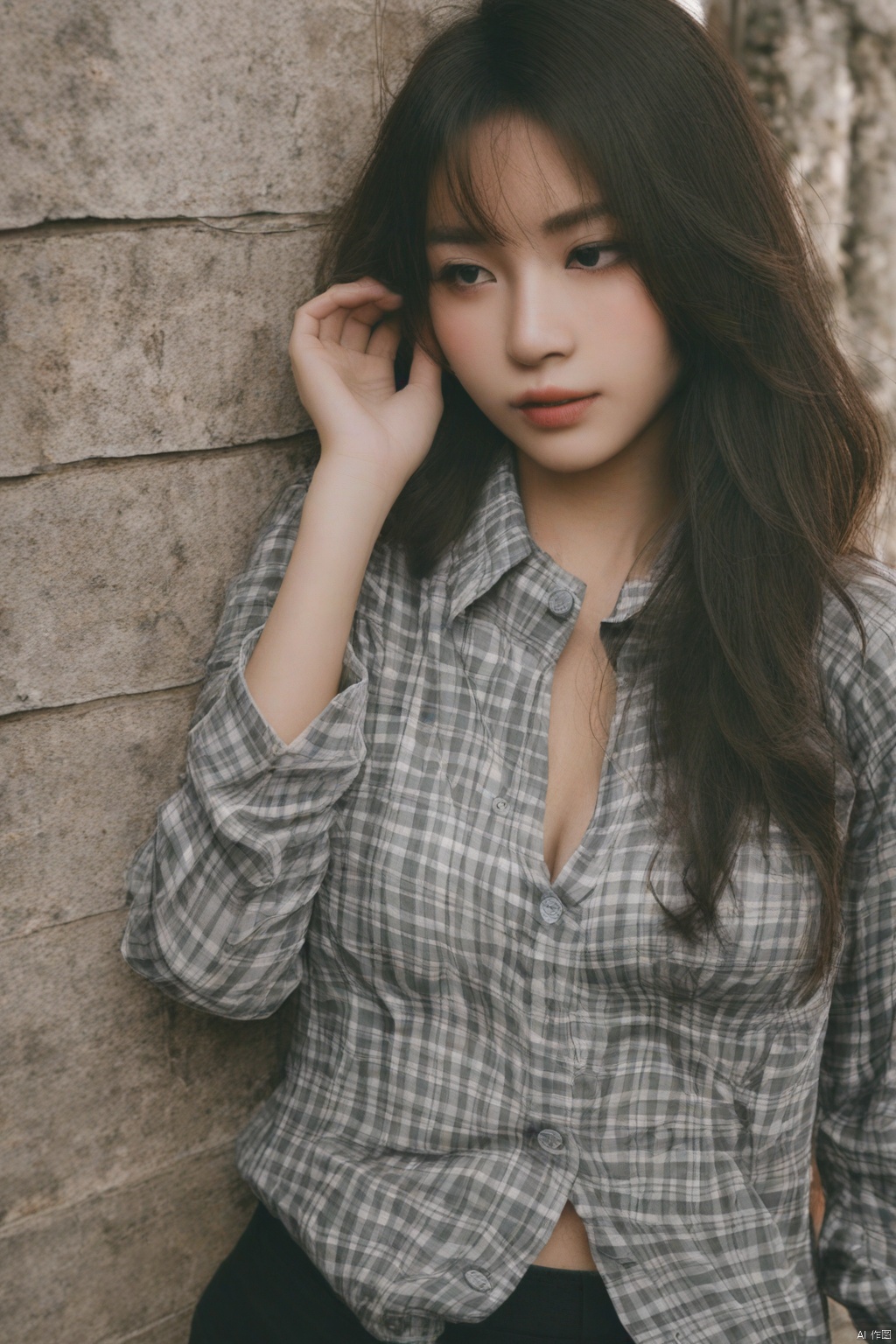 A photograph of beautiful HZZ\(hubggirl)\, (super realistic, best quality:1.25), depth, cinematic light, 
BREAK
1girl,Checkered shirt, shorts,half body,The unbuttoned button