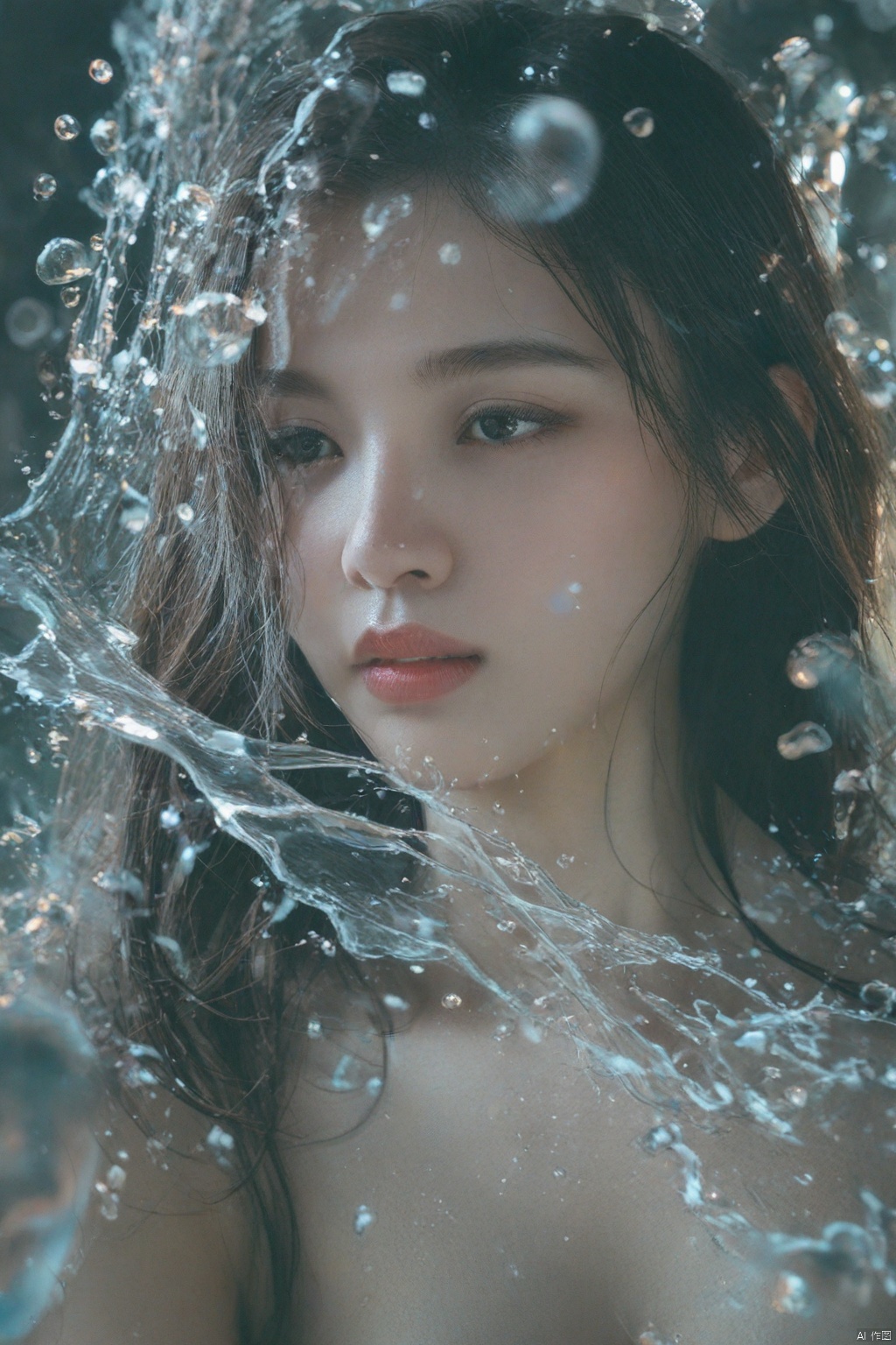 (ultra realistic,best quality),photorealistic,Extremely Realistic,in depth,hubg_jsnh,cinematic light,hubggirl,She is stylish and glamorous with her long hair and delicate features,surrounded by surreal floating water bubbles,splash detailed,surreal dramatic lighting shadow (lofi, analog),kodak film by Brandon Woelfel Ryan McGinley,moment eyes,beautiful face,sexy girl,mid body,intricate background,realism,realistic,raw,analog,portrait,photorealistic,