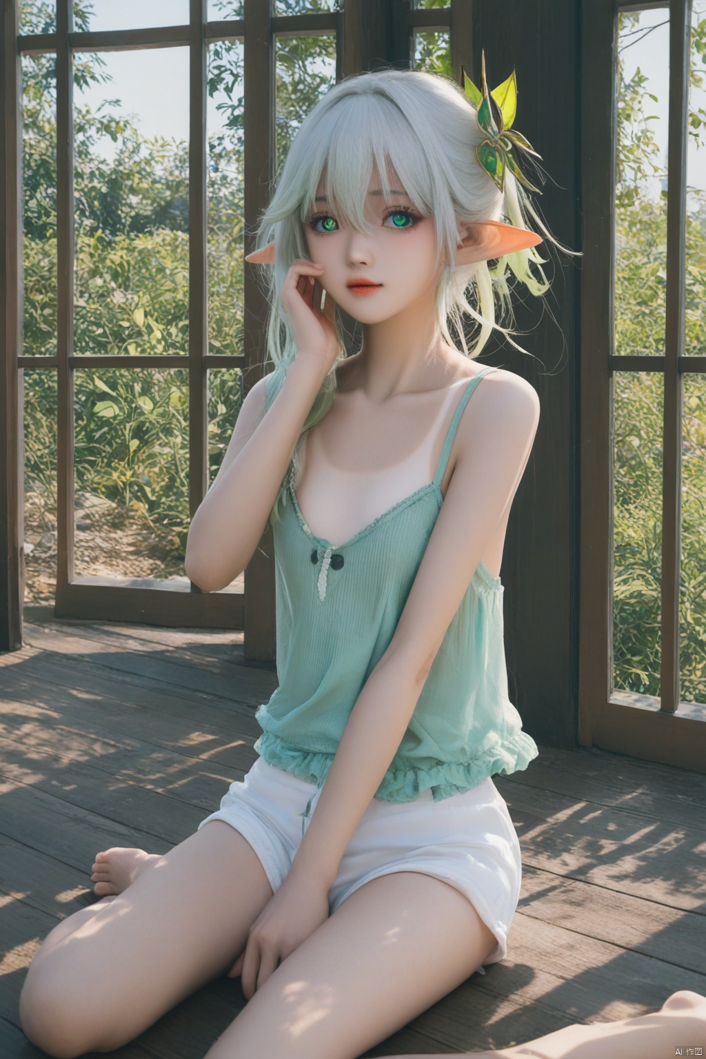 masterpiece,best quality,illustration,dark style,[Artist miwano rag],[Artist toosaka asagi],[Artist wlop],[Artist chen bin], 1girls, solo,loli,loli,loli, (little_girl:1.2),petite:1.1, elf girl,pointy_ears, small breast, green eyes, symbol-shaped pupils, cross-shaped pupils, white hair, green hair, bangs, hair ornament, gradient hair, side tonytail, nahida \(genshin impact\) ,indoor,wood house, French window, courtyard outside the window, Japanese room,sitting on floor, tan_skin,camisole, shorts,tanlines,sitting,bare collarbonea,