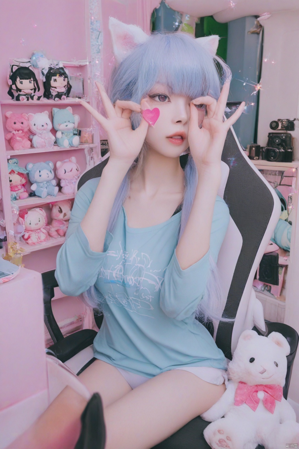 A photograph of beautiful HZZ\(hubggirl)\, (super realistic, best quality:1.25), depth, cinematic light, 
BREAK
kawaii girl with soft aesthetic,ice blue long twin tails hair with straight bangs covering one eye,striking almond-shaped eyes with pink contacts and dramatic lashes,soft pale skin with rosy cheeks,wearing oversized light blue anime graphic t-shirt with manga character print in black and white,white and pink nekomimi headphones with fluffy cat ears,delicate heart-shaped face,soft ambient room lighting,pastel blue and pink color scheme,white gaming chair in background,cute plush toys on shelf,ethereal sparkle effects around face,professional beauty lighting setup,shot with Sony A7S III camera,85mm portrait lens,shallow depth of field,high-key lighting style,ultra-detailed hair texture,glossy lips with subtle pink tint,cute kawaii hand gestures,highly detailed anime merchandise visible in shot,Japanese idol photo style,emphasis on large expressive eyes and innocent expression,8k resolution,perfect cosplay makeup application,soft dreamy atmosphere,cute girl,photorealistic,
