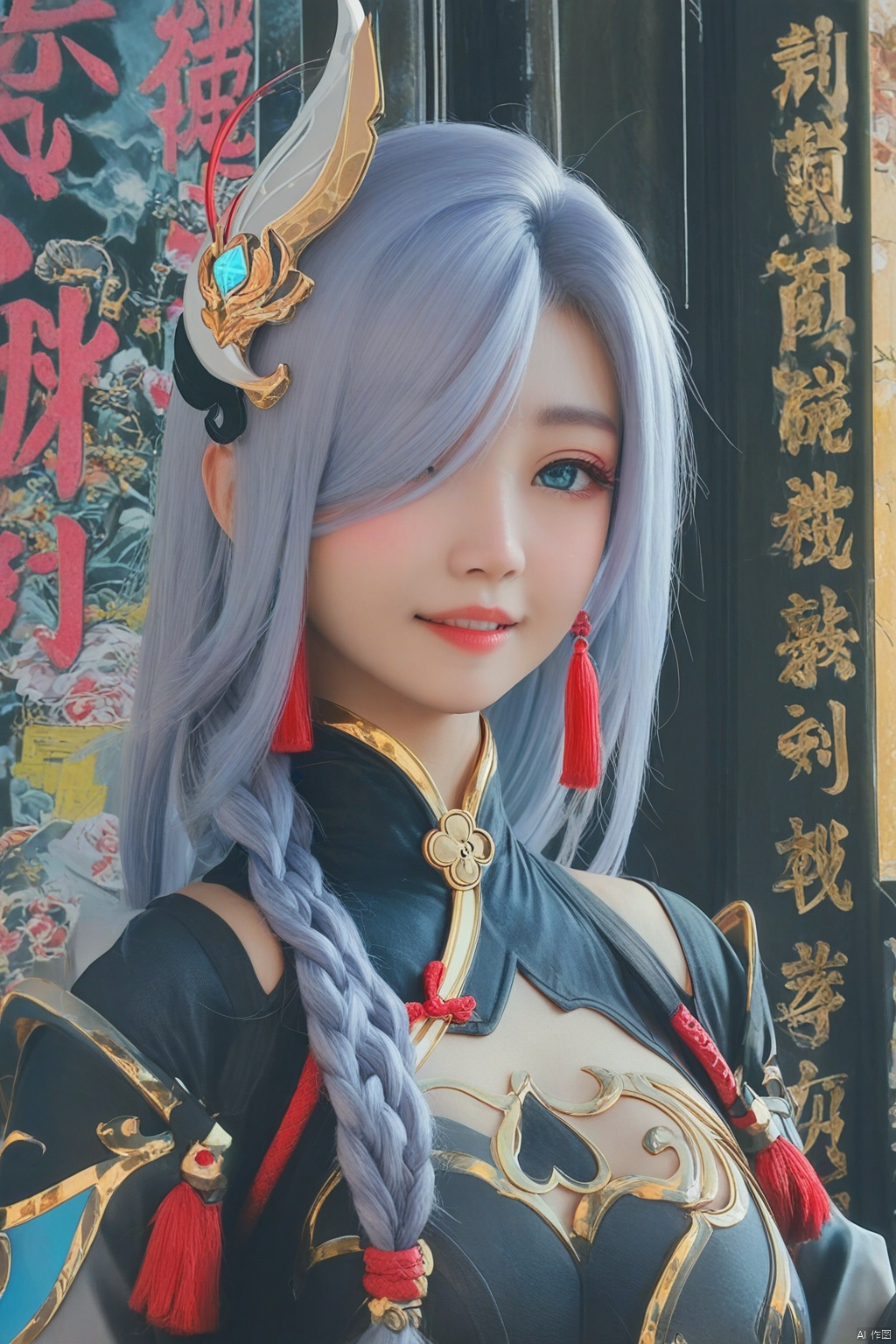 masterpiece,Realism,best quality,
1girl, solo, upper body, very long white braided hair with a braided ponytail, hair over one eye, bangs, blue eyes, looking at viewer, blush, smile, parted lips, hair ornament, tassel earrings, tassel, bodysuit with gold trim, clothing cutout, flower, Shenhe (Genshin Impact) style, movie poster, three-dimensional text AGlong in the middle below, cinematic lighting, dynamic composition, detailed background with poster theme, high contrast, sharp focus, dramatic atmosphere.