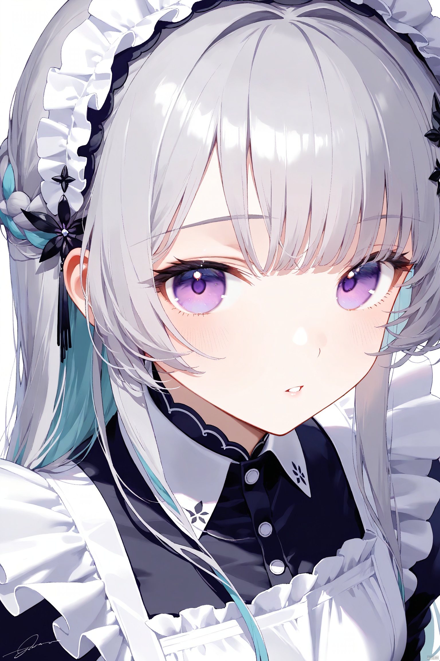 1girl, solo, long hair, looking at viewer, bangs, simple background, hair ornament, white background, dress, purple eyes, upper body, braid, flower, grey hair, multicolored hair, frills, parted lips, signature, apron, maid, maid headdress, maid apron